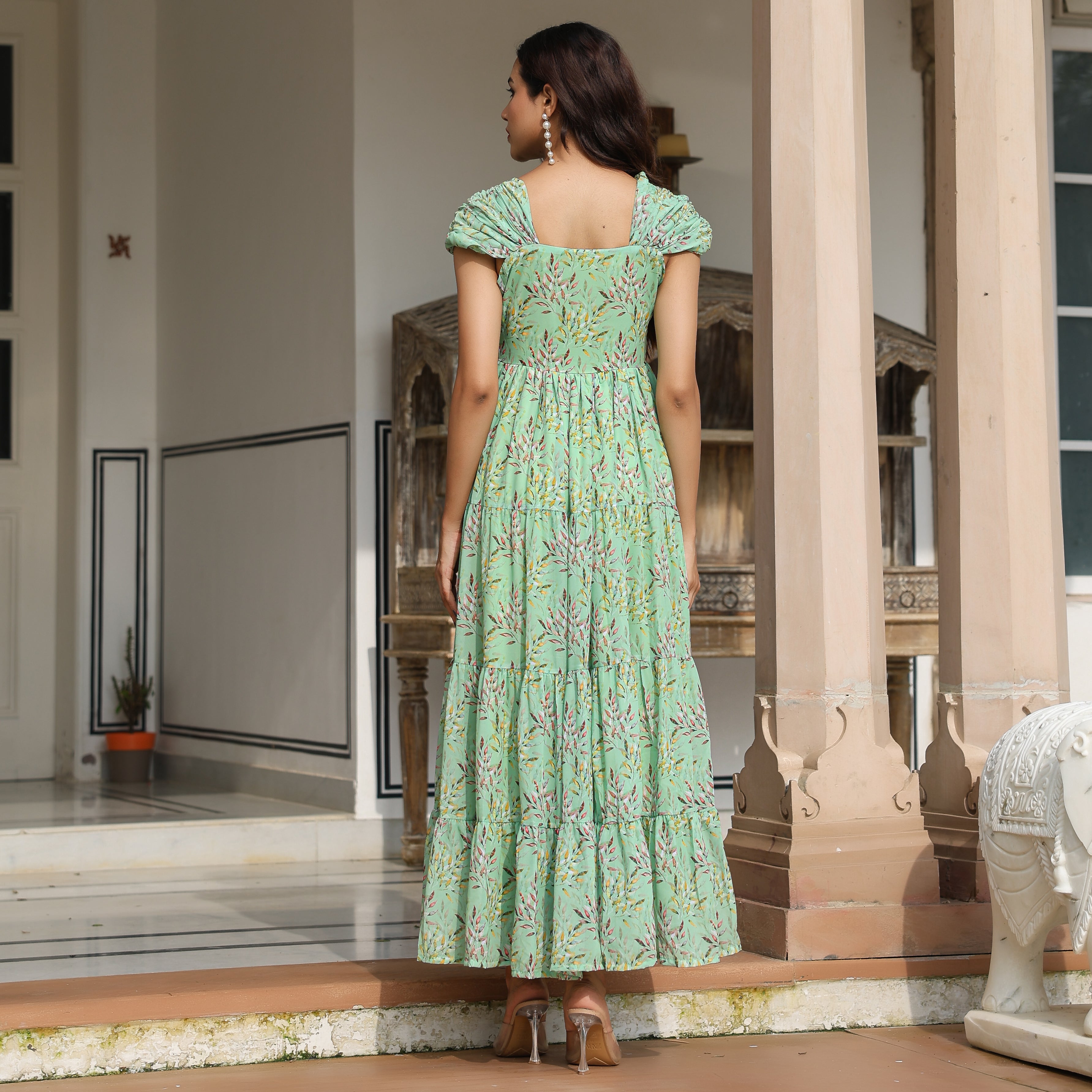 Gabriella Light Green Leafy Maxi Dress