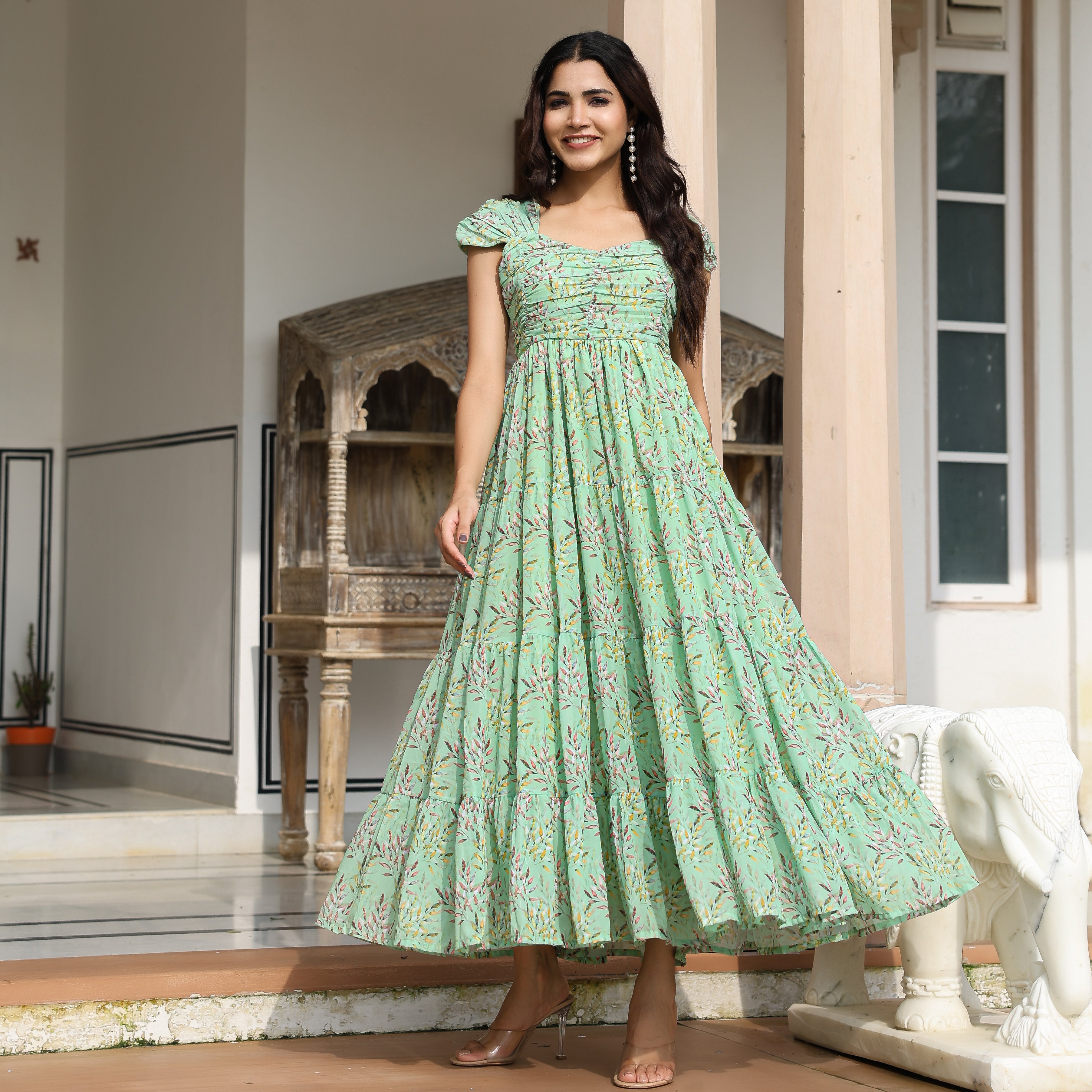 Gabriella Light Green Leafy Maxi Dress