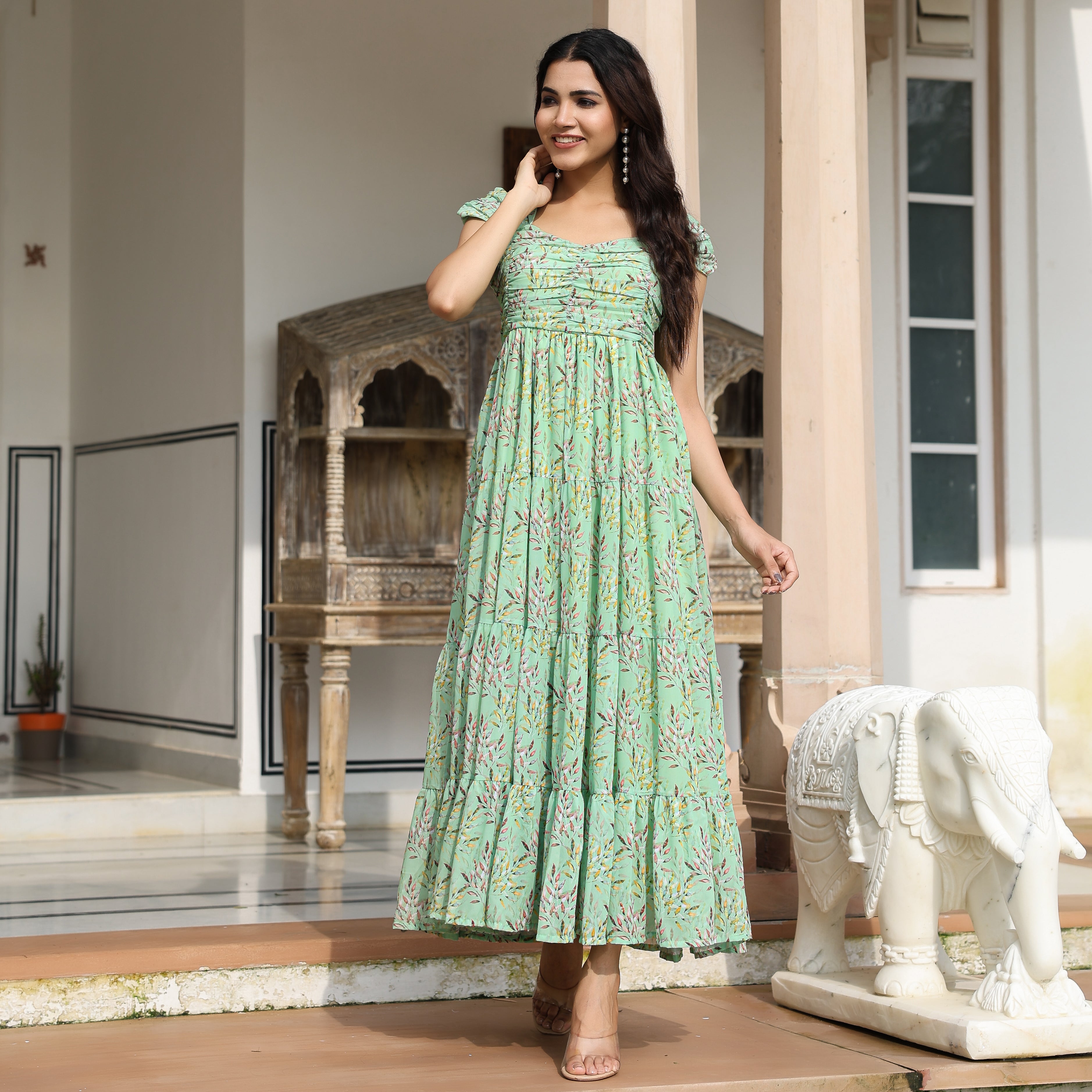 Gabriella Light Green Leafy Maxi Dress