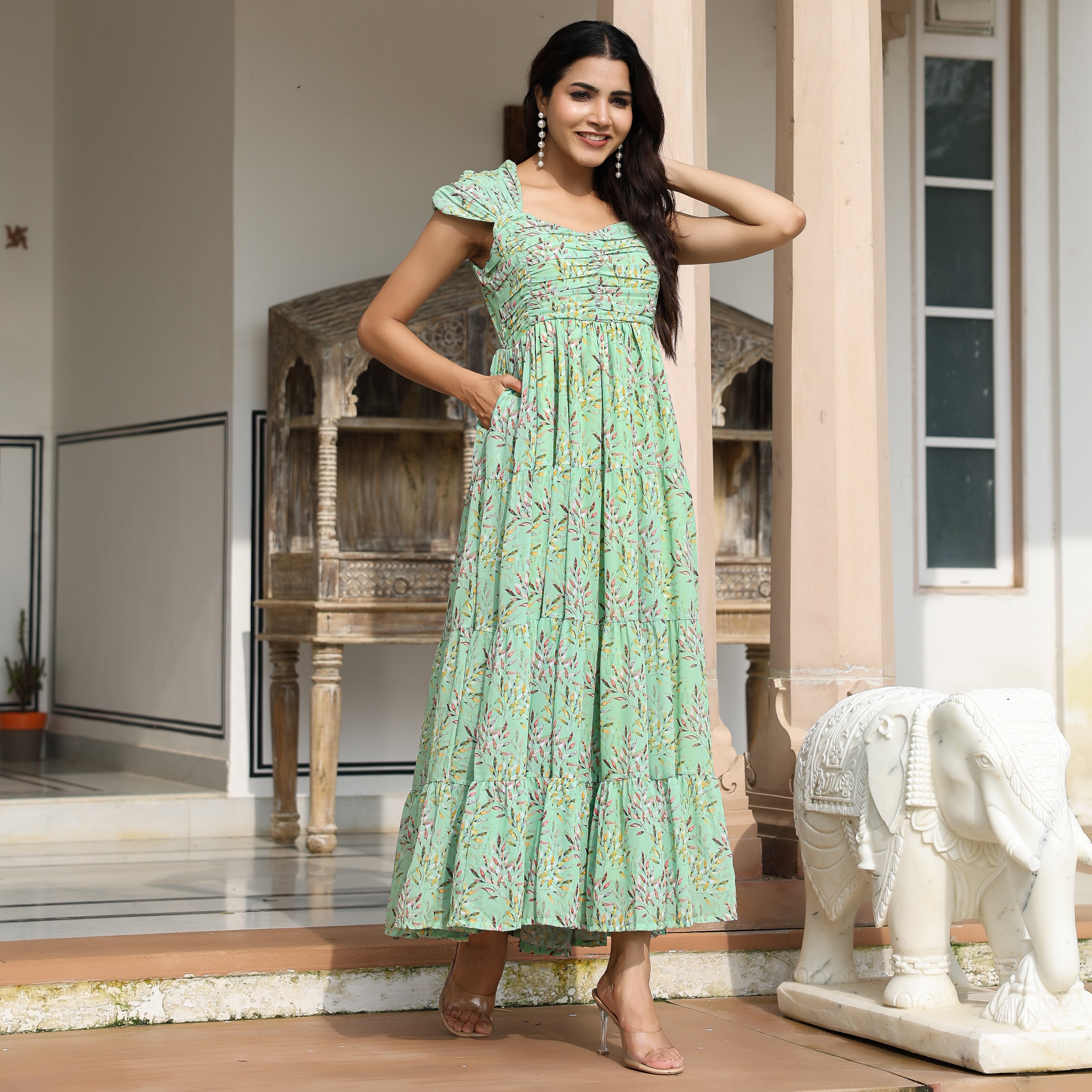 Gabriella Light Green Leafy Maxi Dress