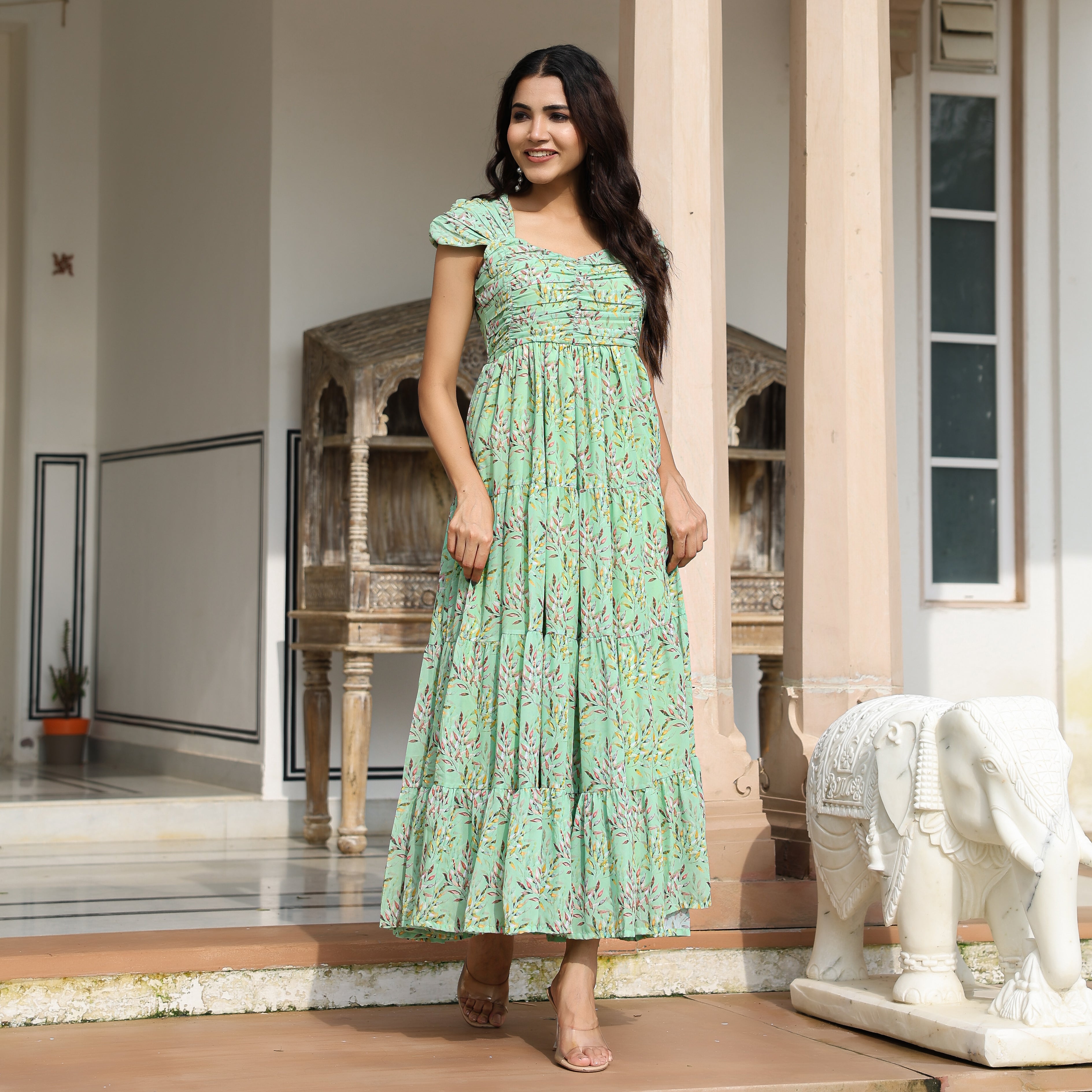 Gabriella Light Green Leafy Maxi Dress