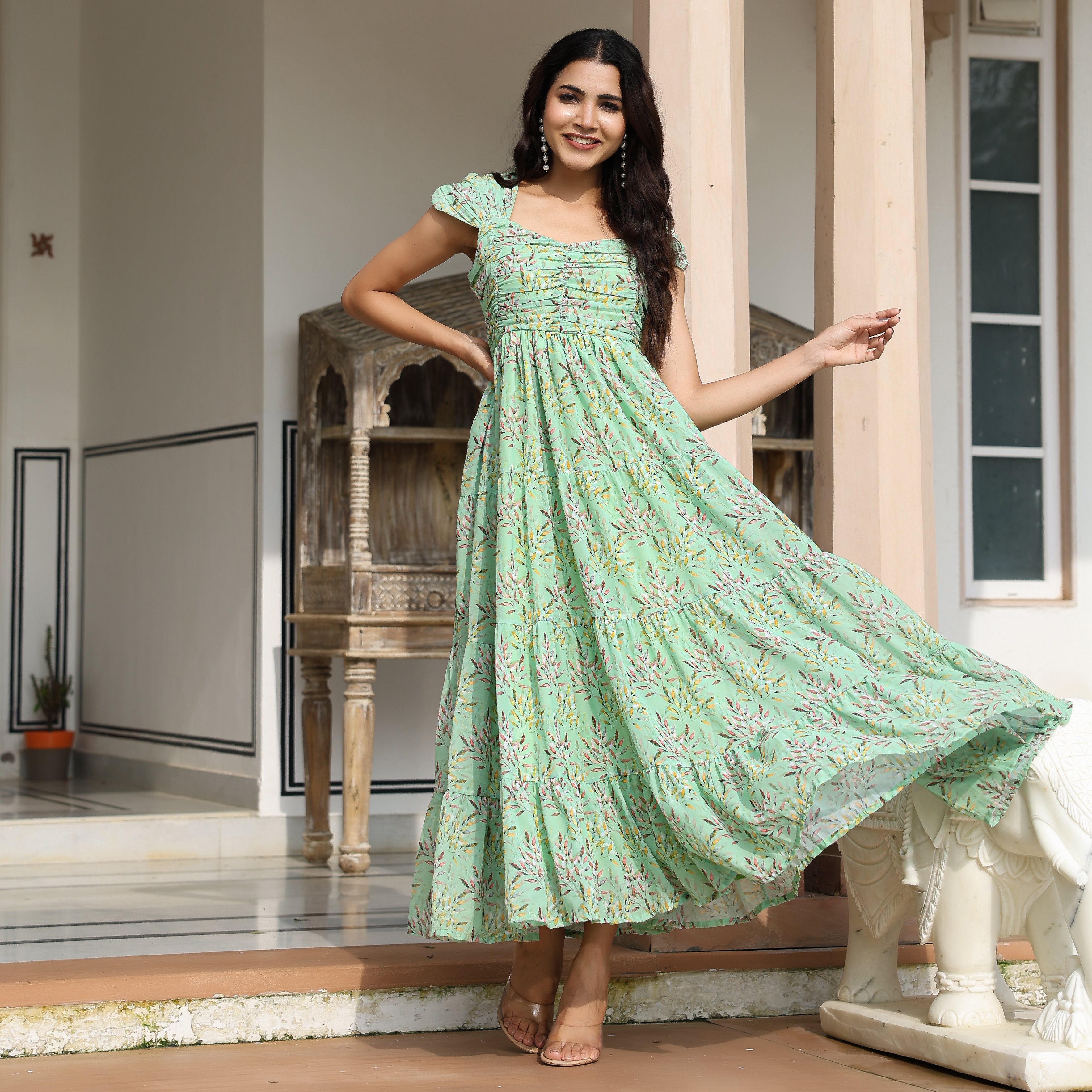 Gabriella Light Green Leafy Maxi Dress