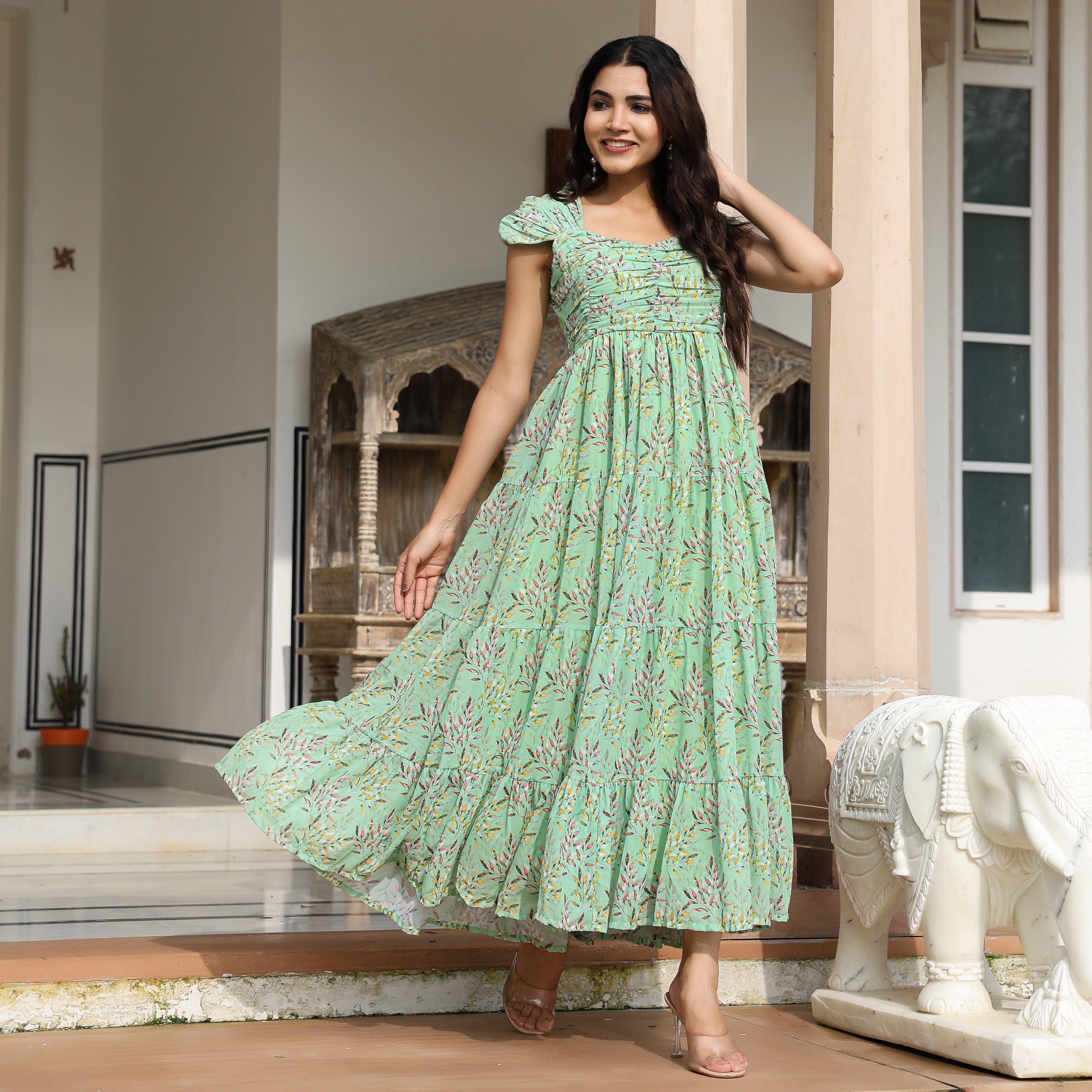 Gabriella Light Green Leafy Maxi Dress