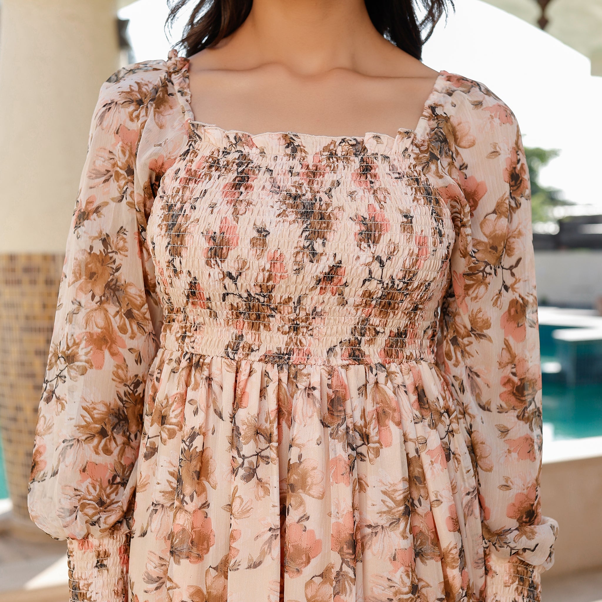 Abigail Beige Floral Maxi Dress