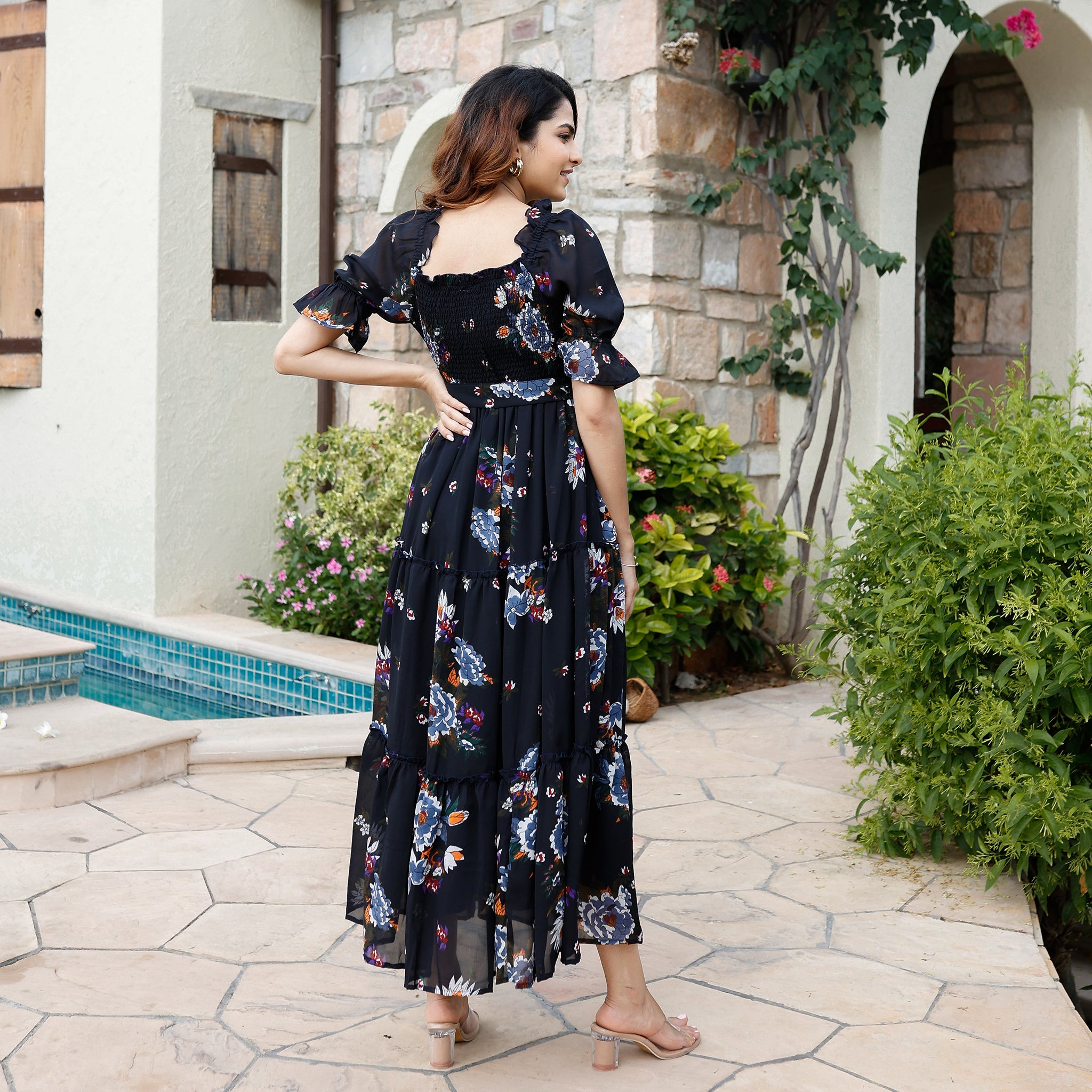 Zaila Navy Smocked Maxi Dress