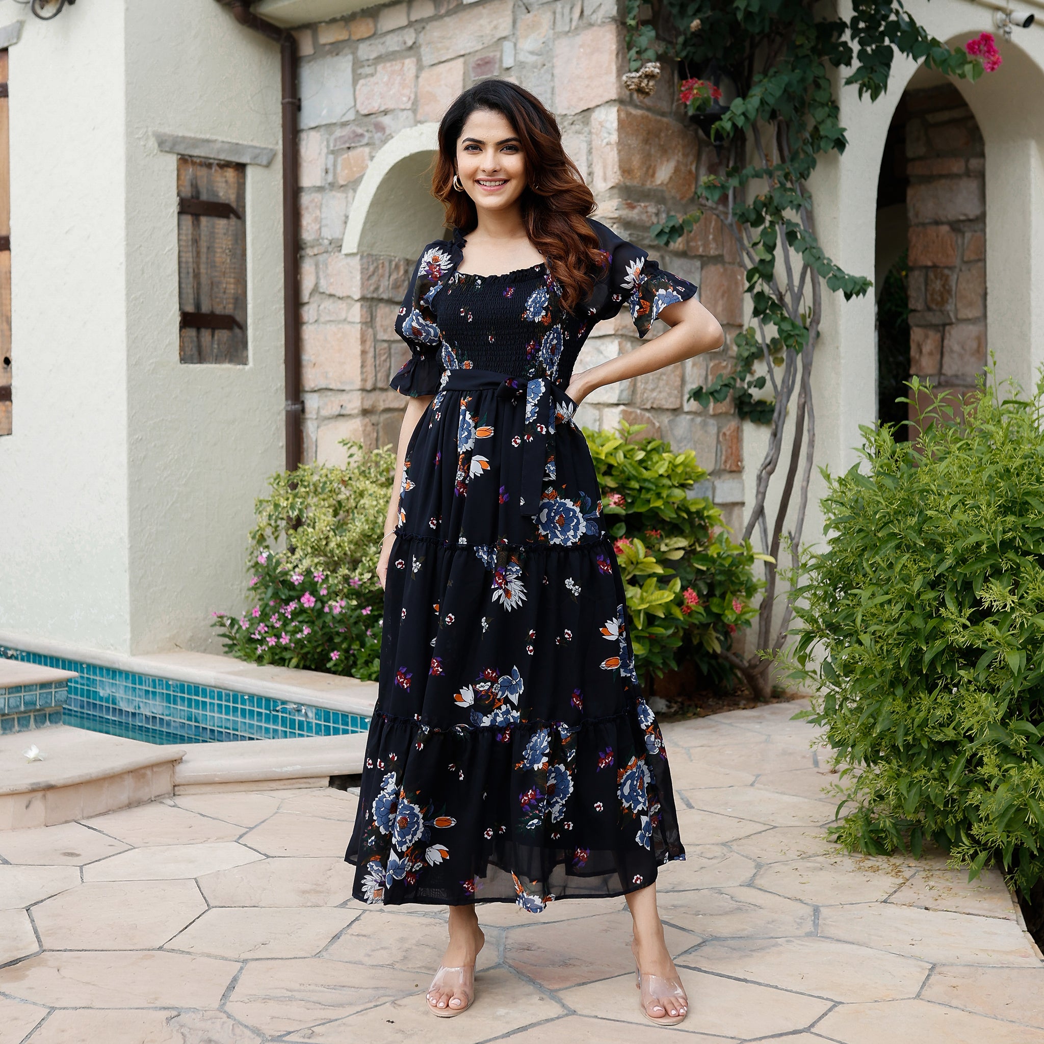 Zaila Navy Smocked Maxi Dress