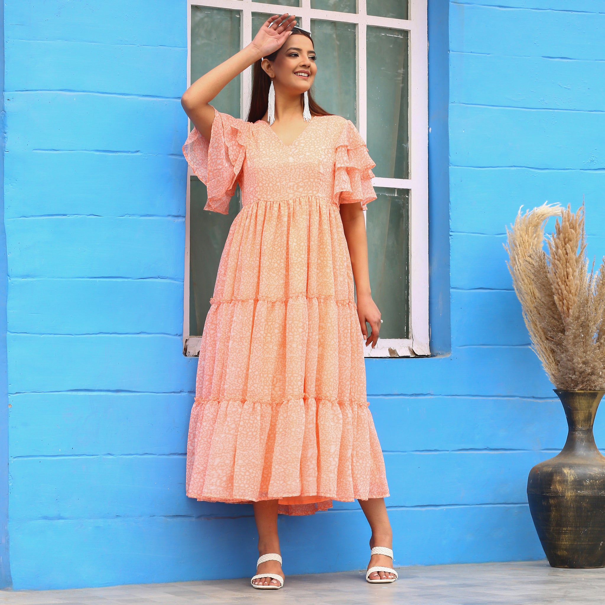 Kiona Peach Floral Maxi Dress