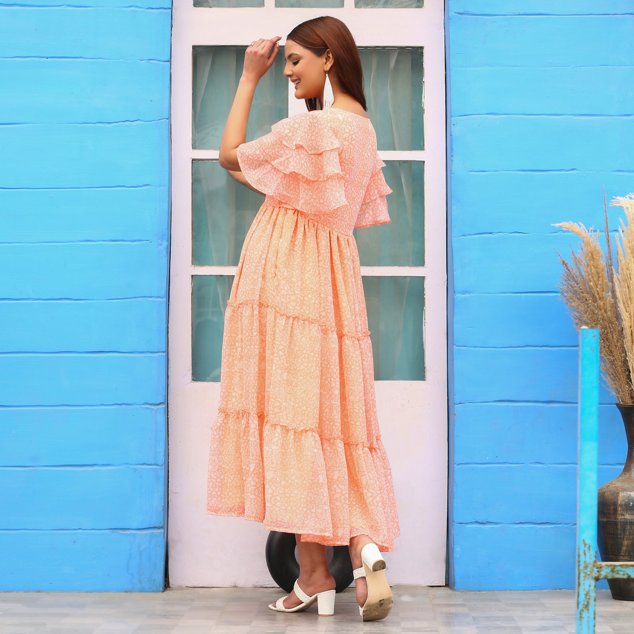 Kiona Peach Floral Maxi Dress