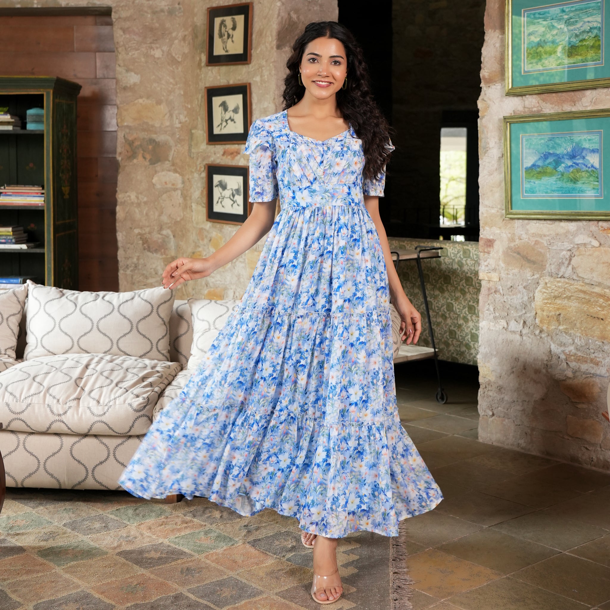 Lopez Sky Blue Floral Maxi Dress