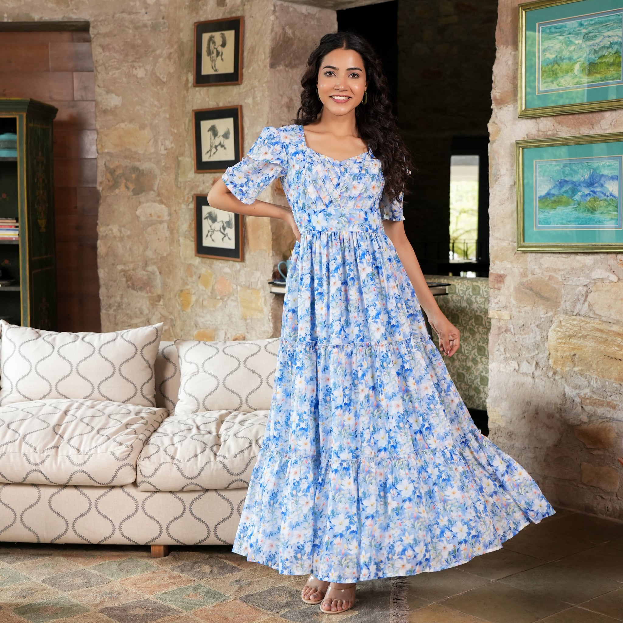 Lopez Sky Blue Floral Maxi Dress