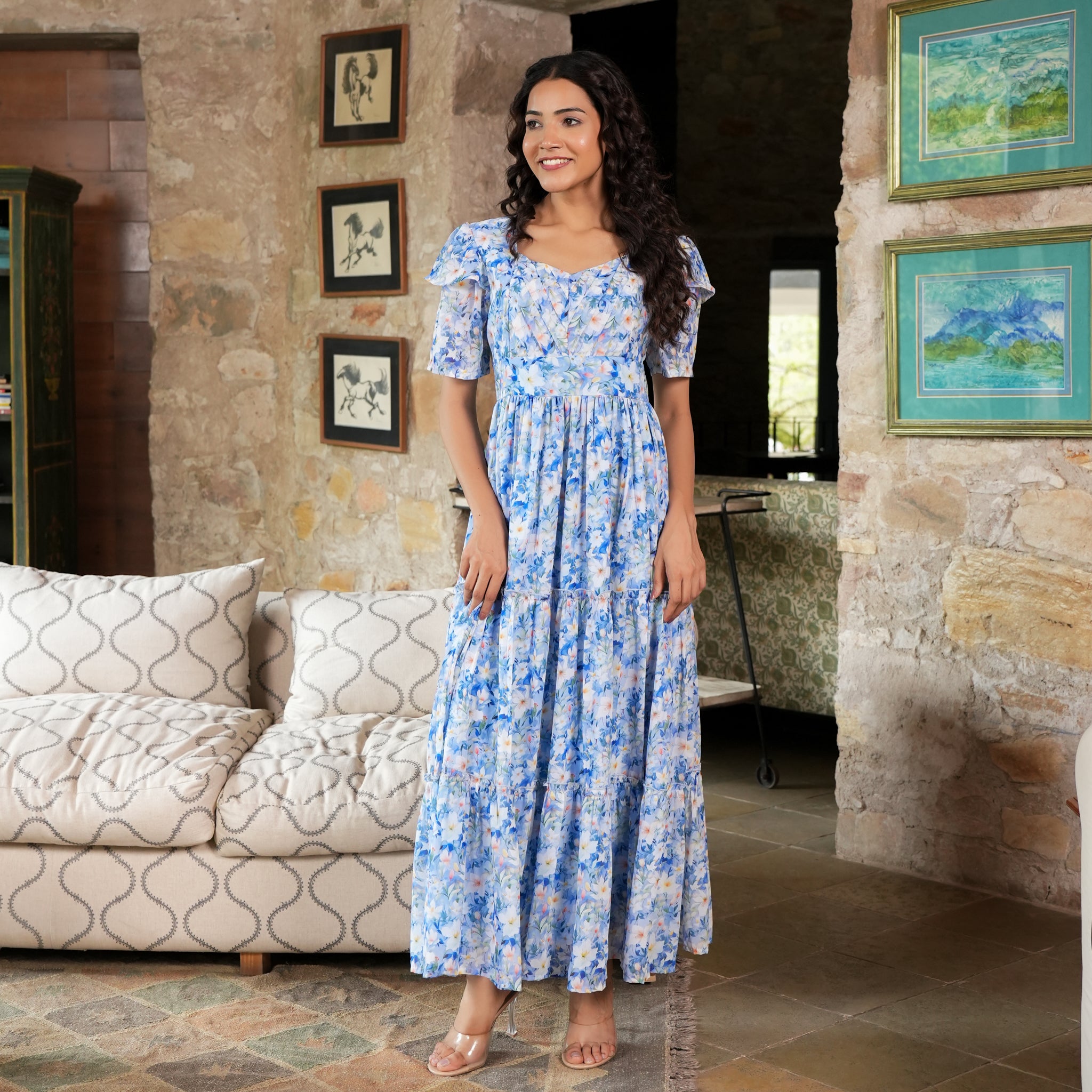 Lopez Sky Blue Floral Maxi Dress