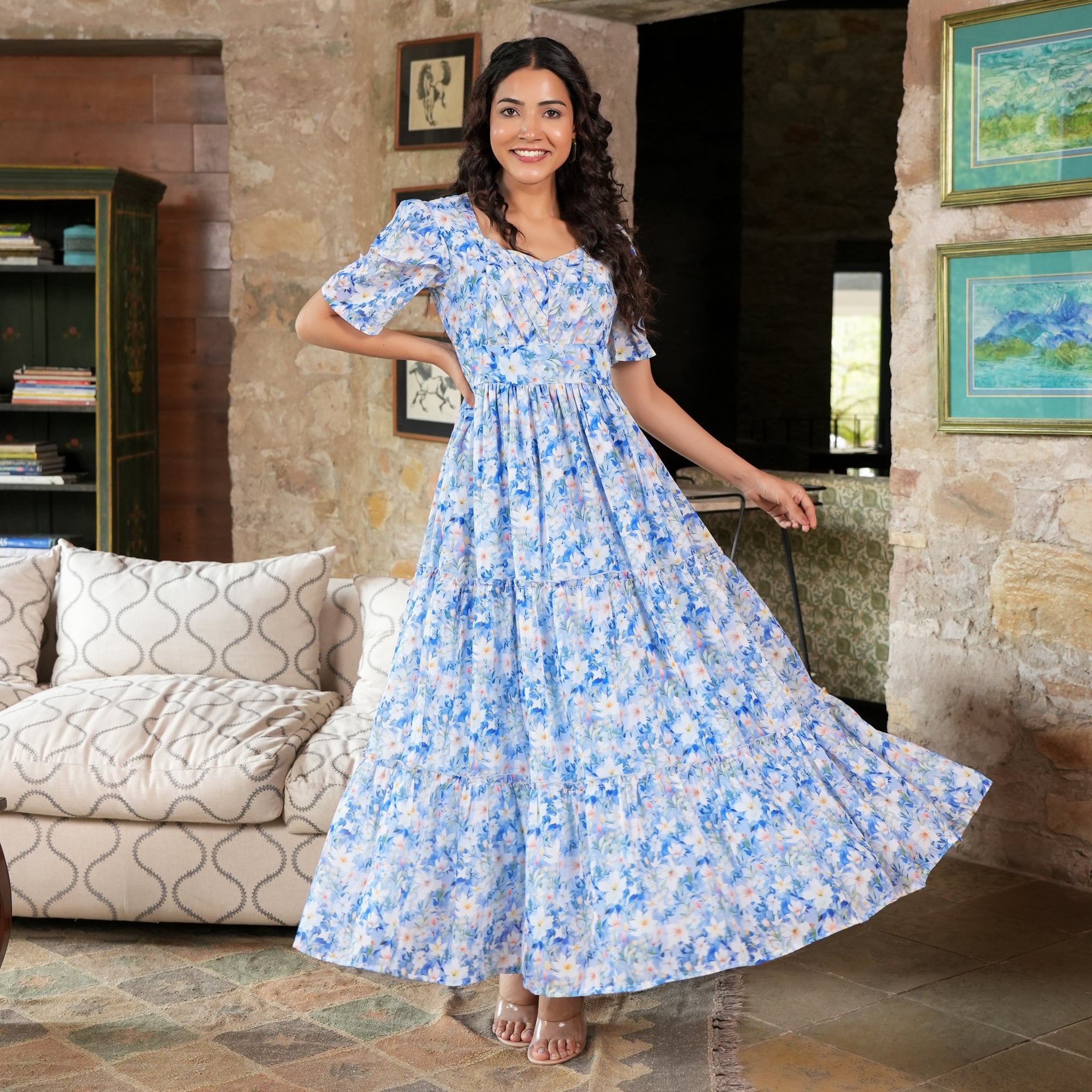 Lopez Sky Blue Floral Maxi Dress