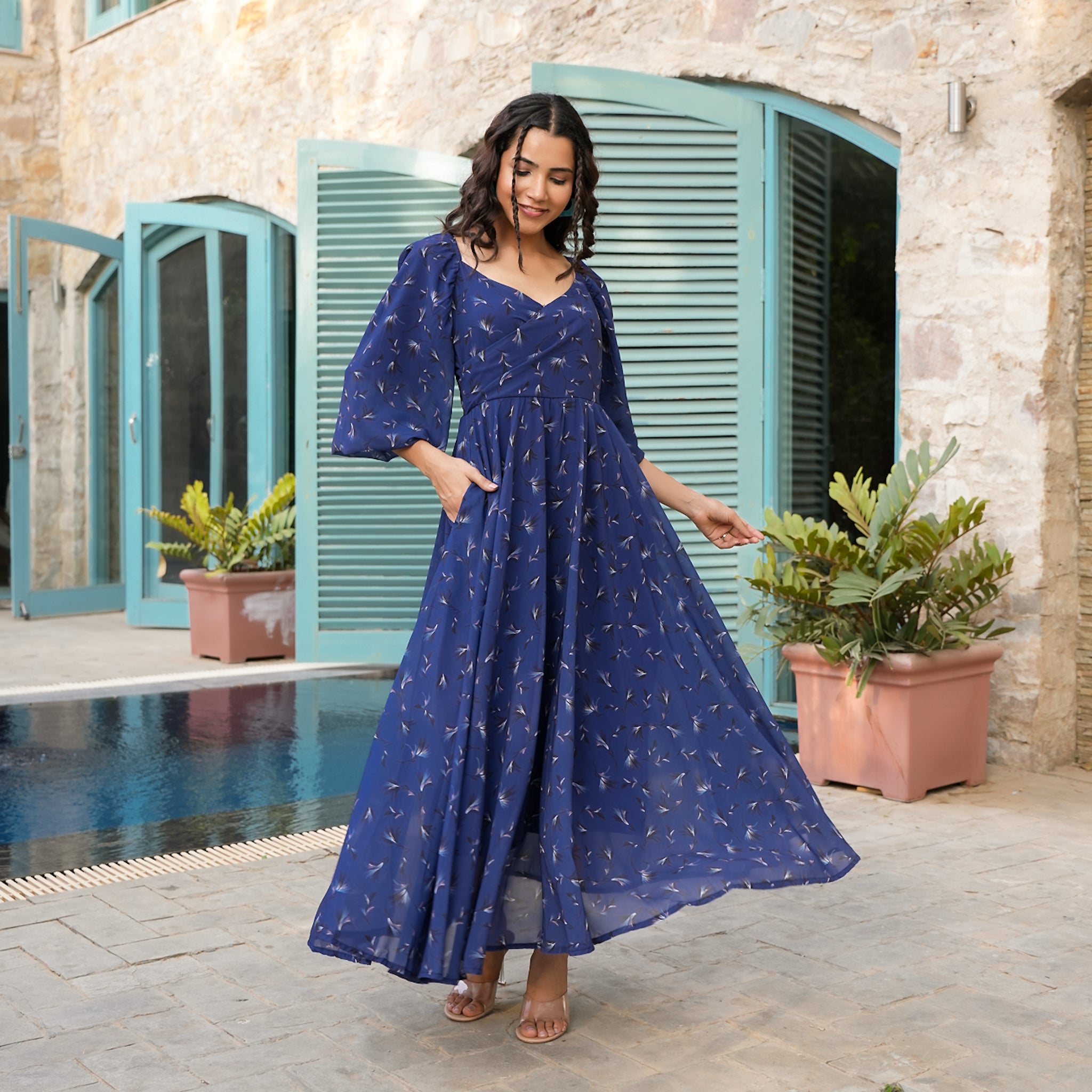 Allen Blue Leafy Flared Maxi Dress