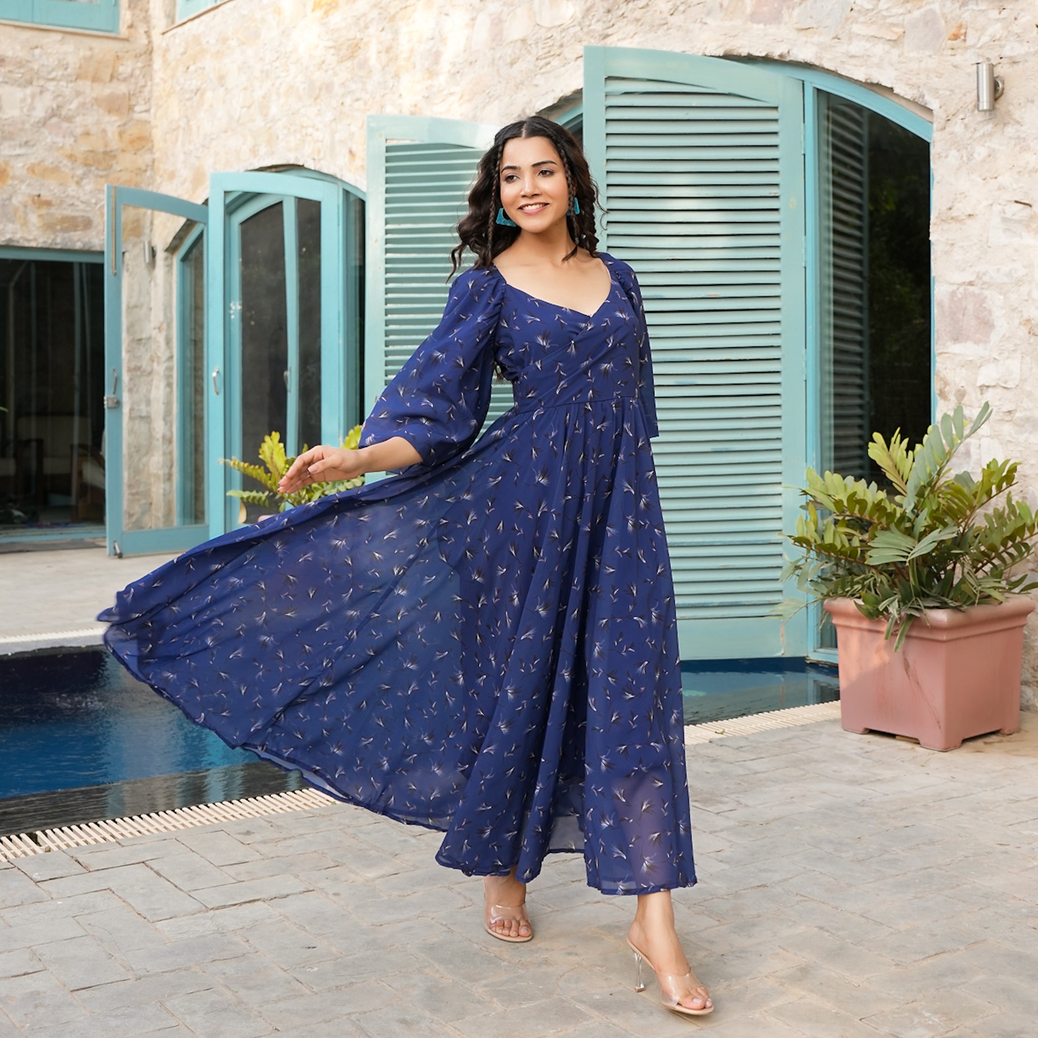 Allen Blue Leafy Flared Maxi Dress