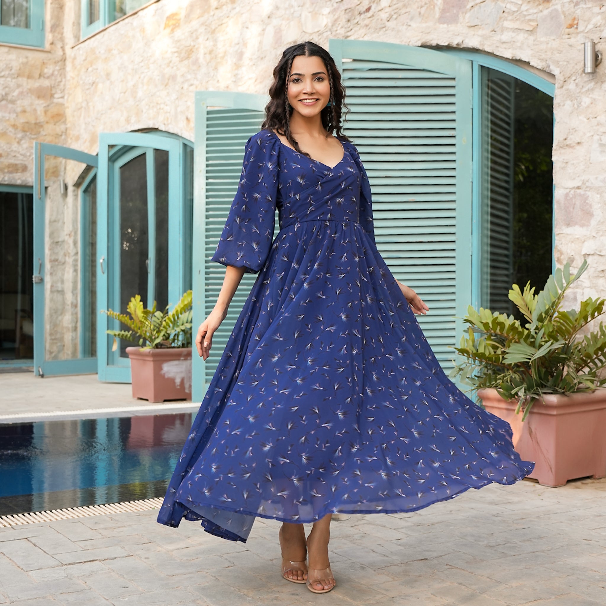 Allen Blue Leafy Flared Maxi Dress