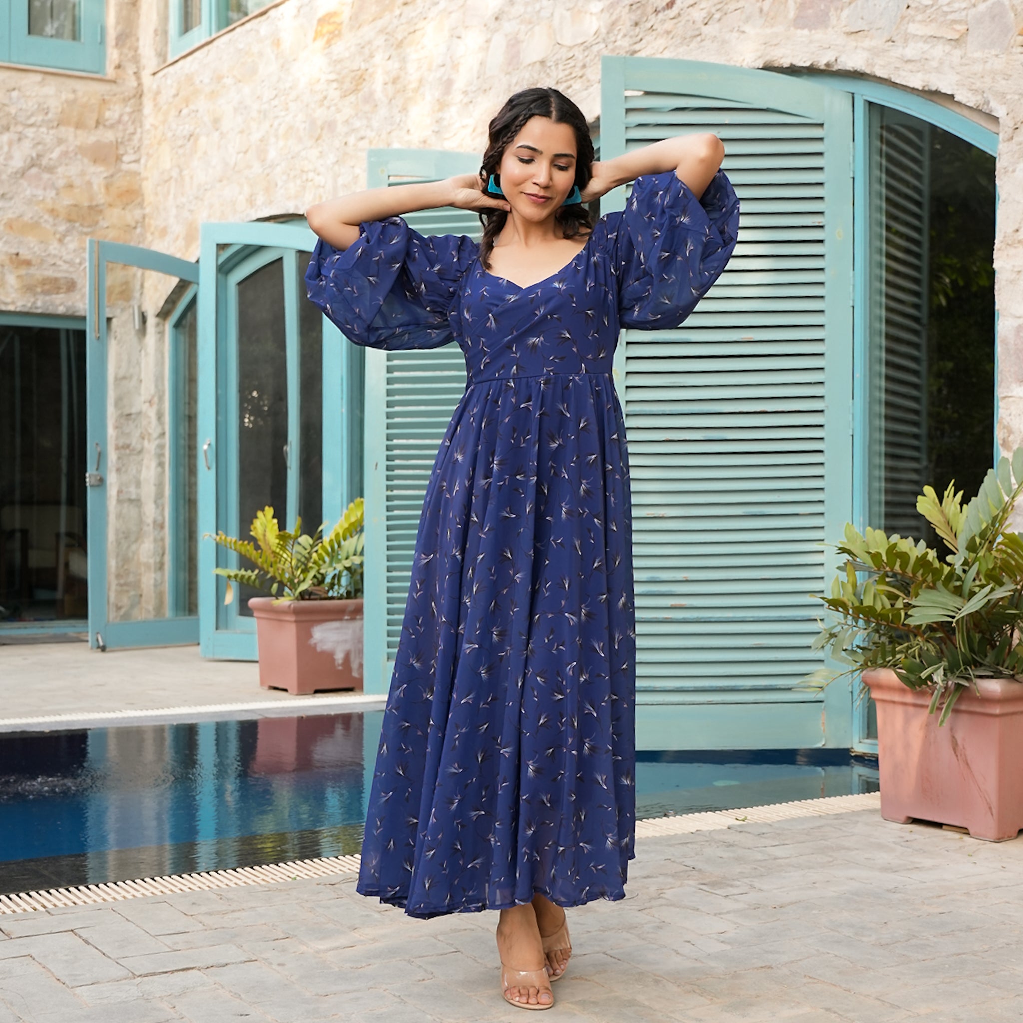 Allen Blue Leafy Flared Maxi Dress