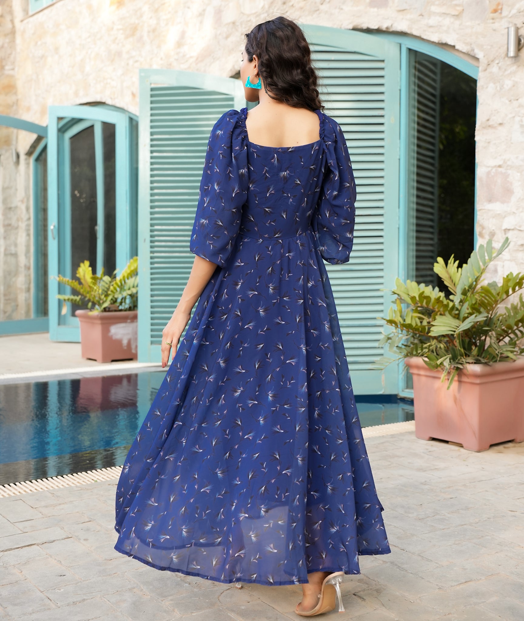 Allen Blue Leafy Flared Maxi Dress