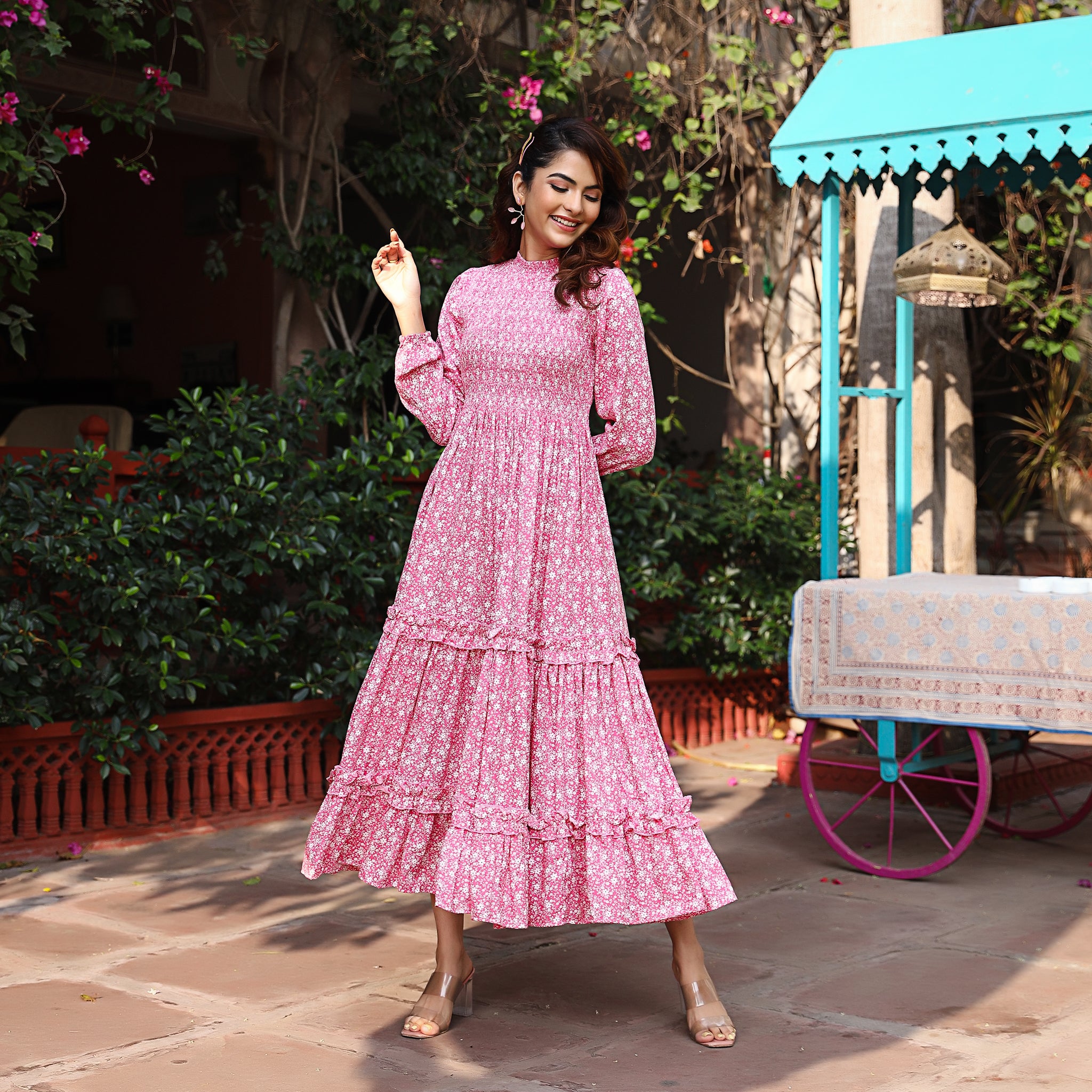 Samara Pink Floral Smocked Cotton Maxi Dress