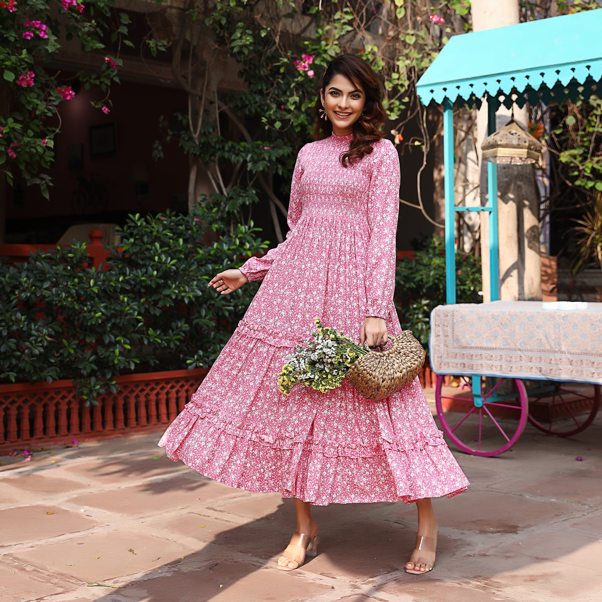 Samara Pink Floral Smocked Cotton Maxi Dress
