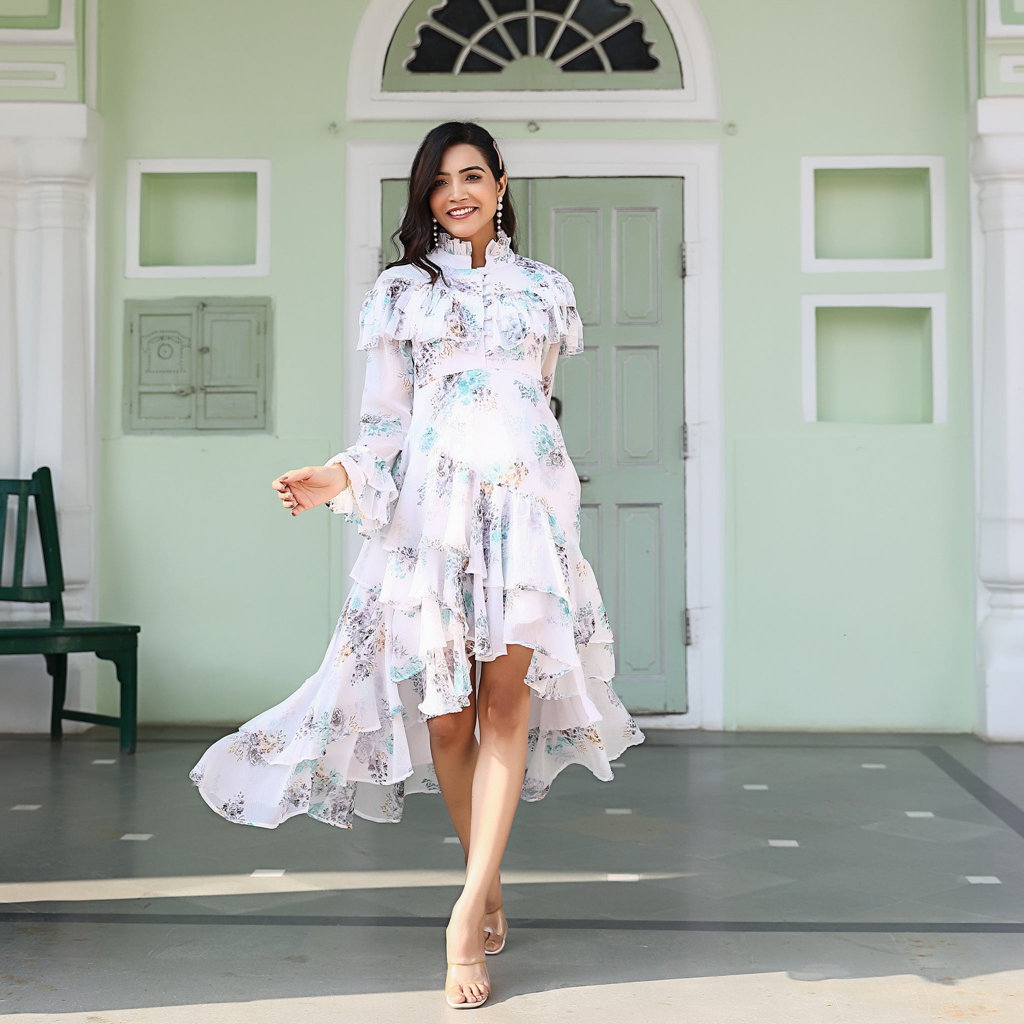 Rachel White Asymmetric Ruffle Dress