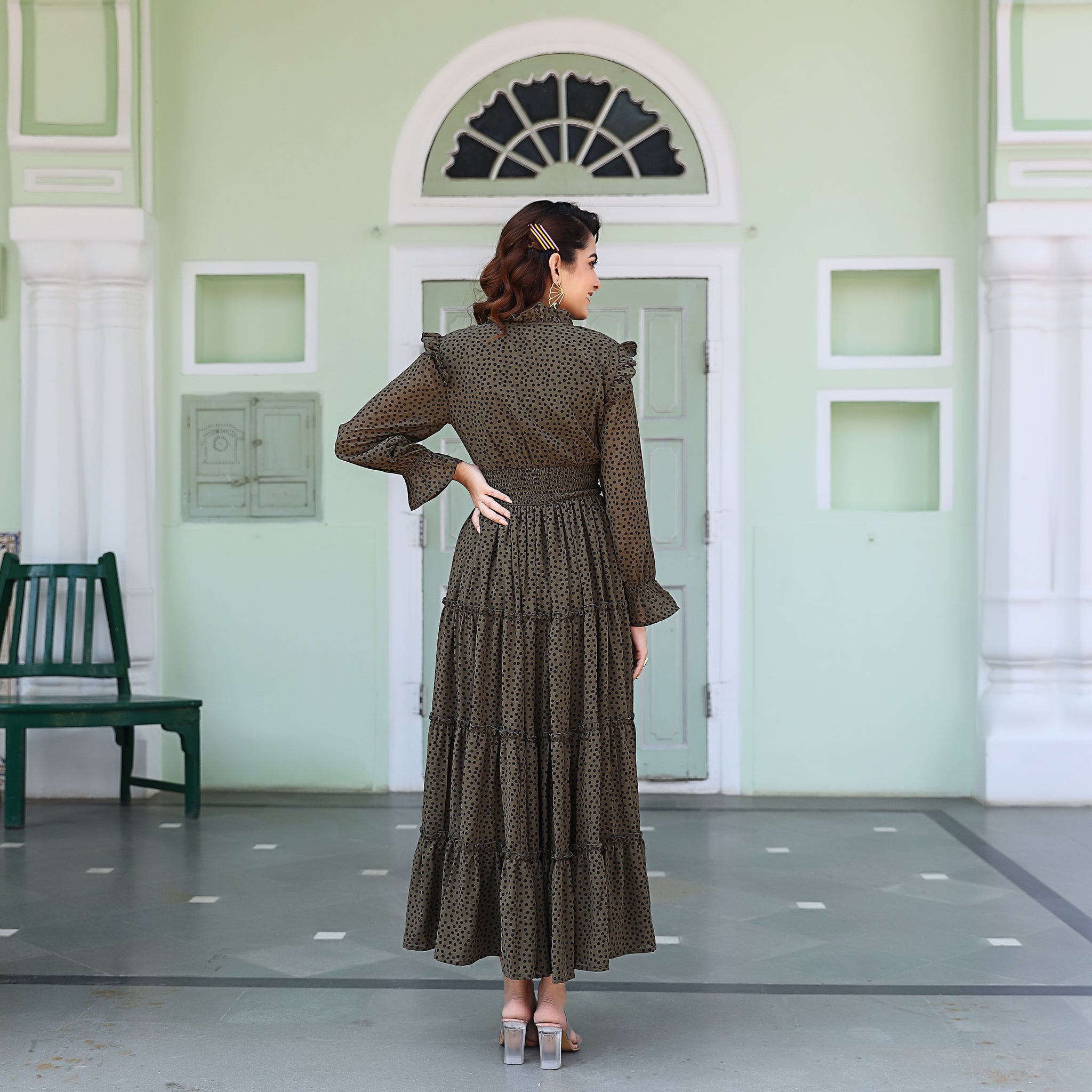 Jessica Olive Green Polka Maxi Dress