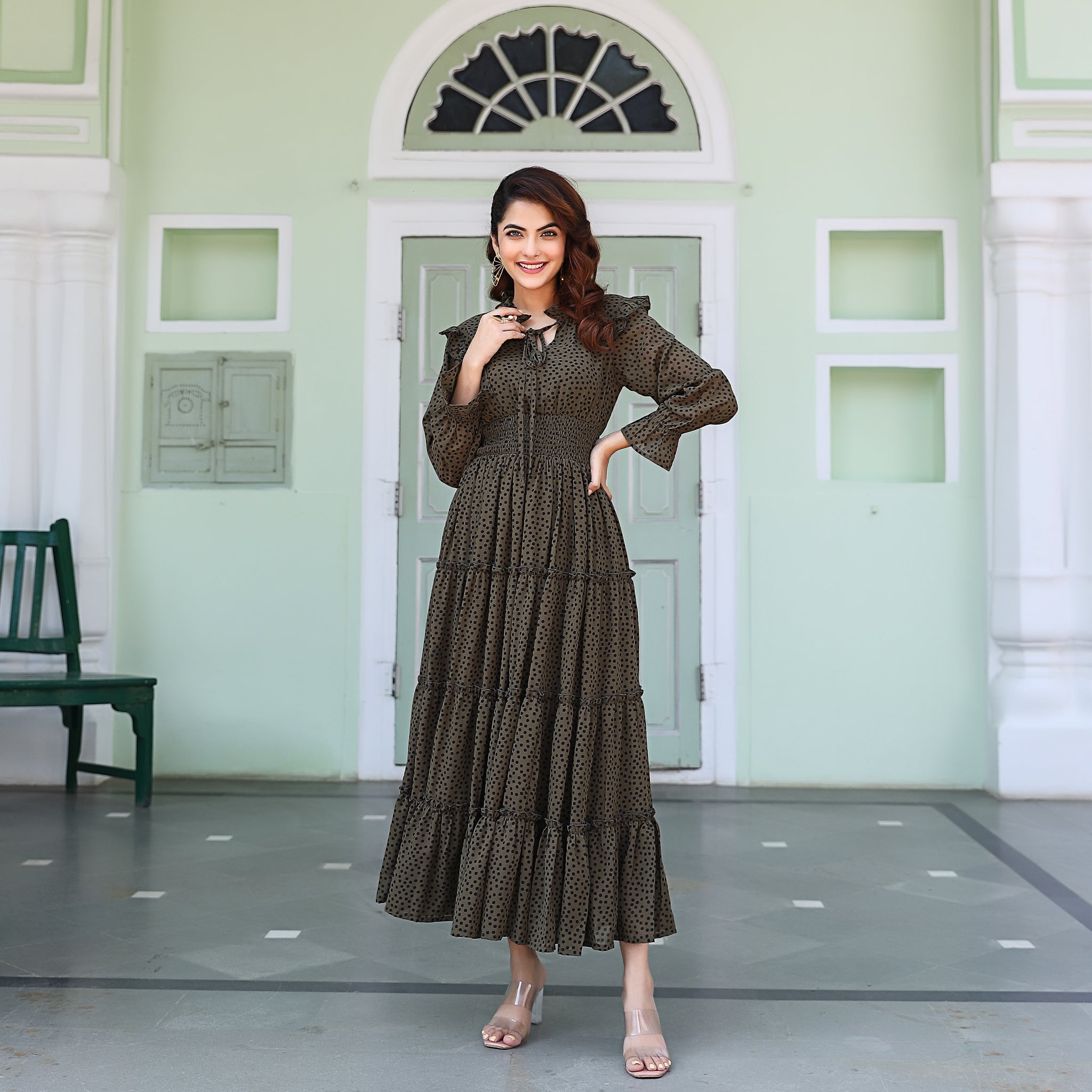 Jessica Olive Green Polka Maxi Dress