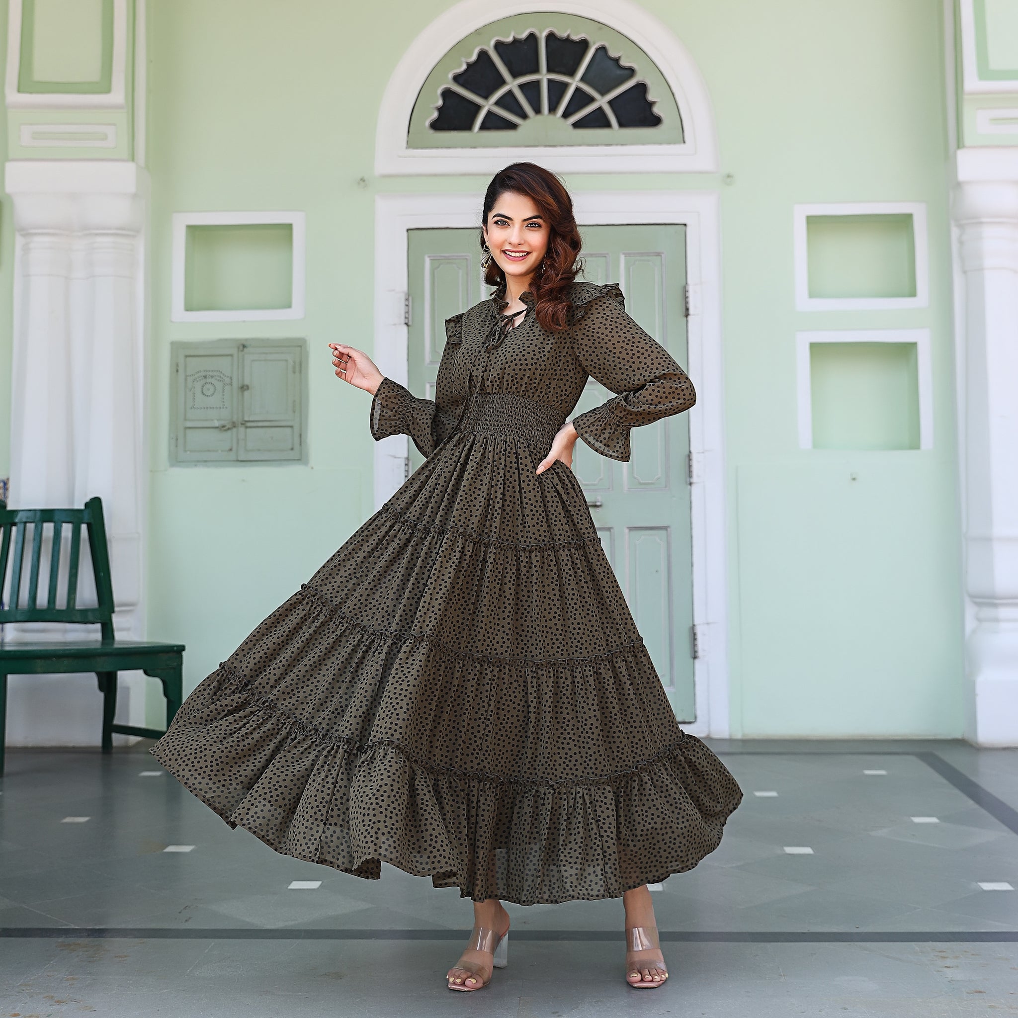 Jessica Olive Green Polka Maxi Dress