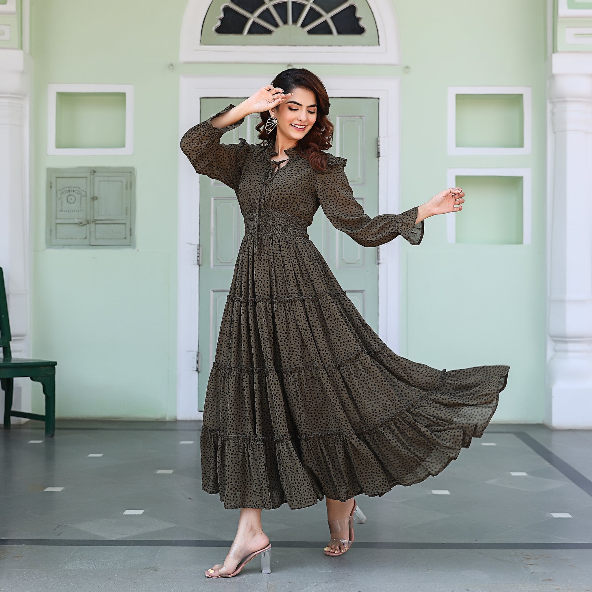 Jessica Olive Green Polka Maxi Dress