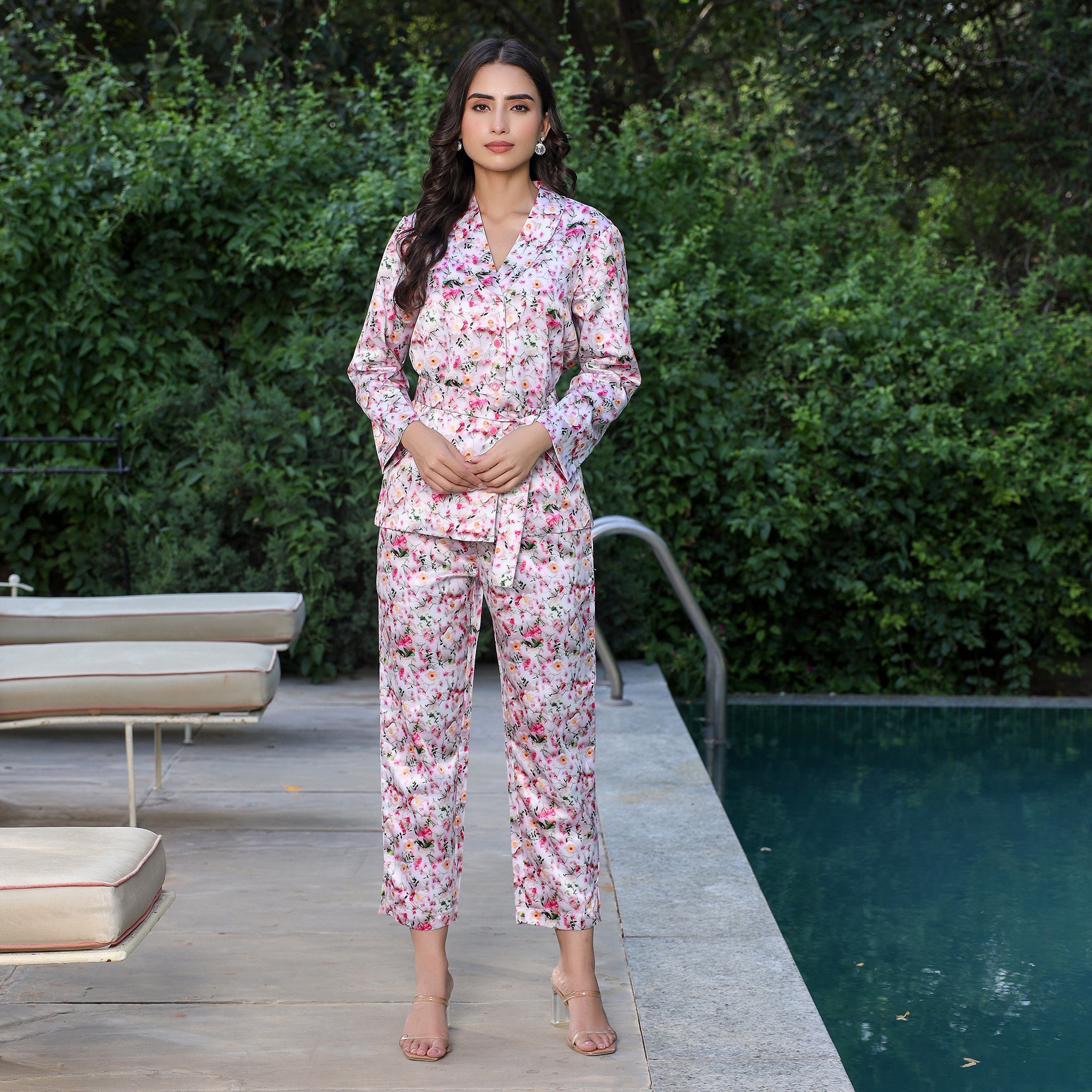 Eva White Floral Satin Co-Ord Set