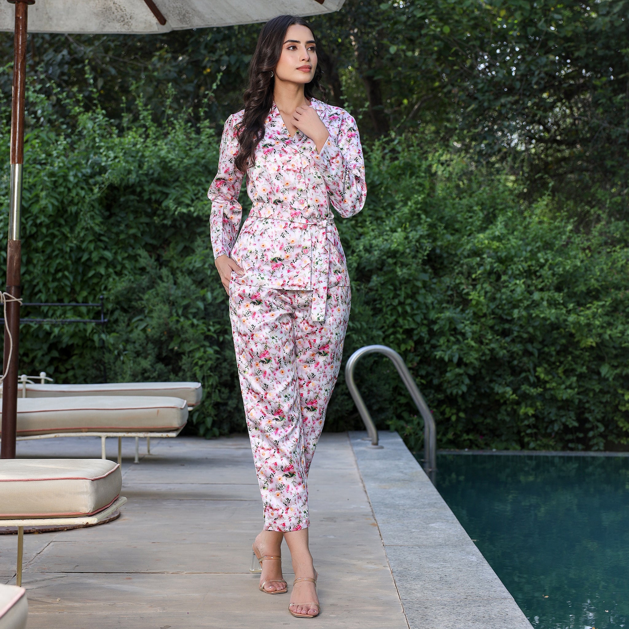 Eva White Floral Satin Co-Ord Set