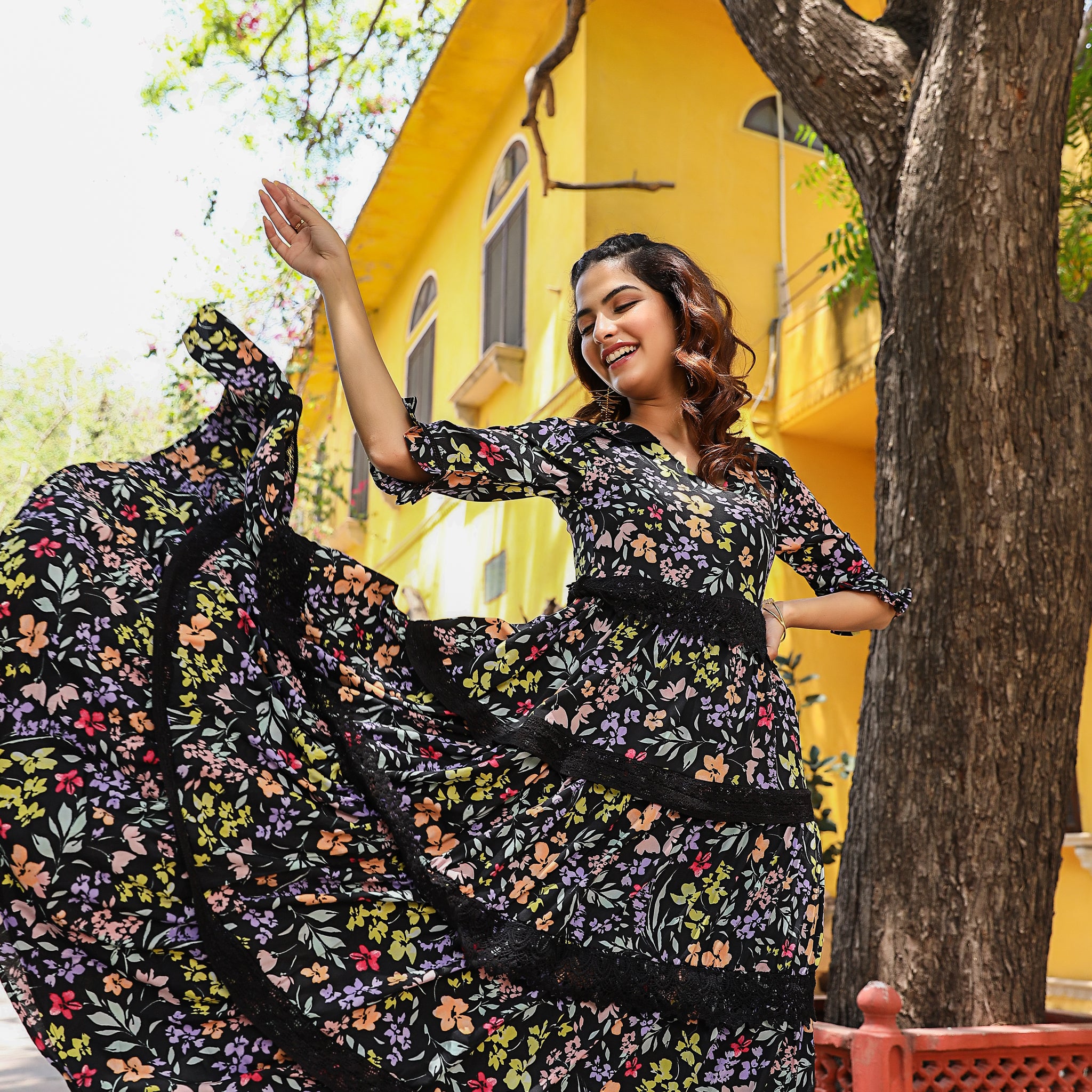 Elina Black Lace Floral Maxi Dress