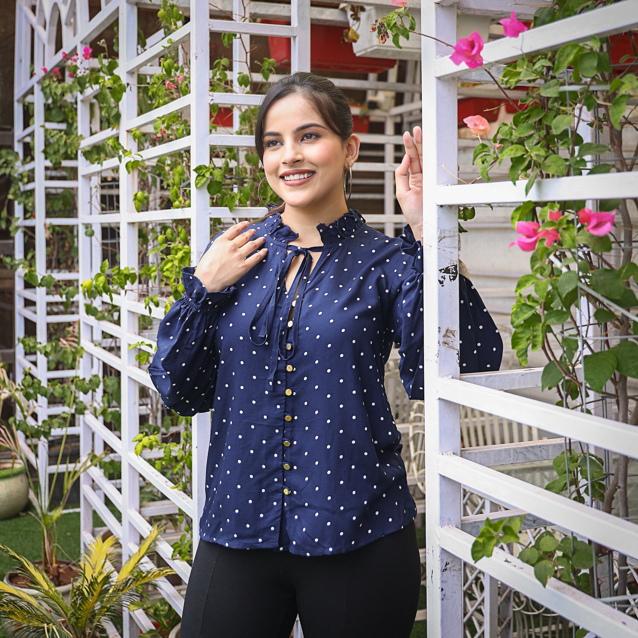 Britt Navy Blue Cotton Polka Top