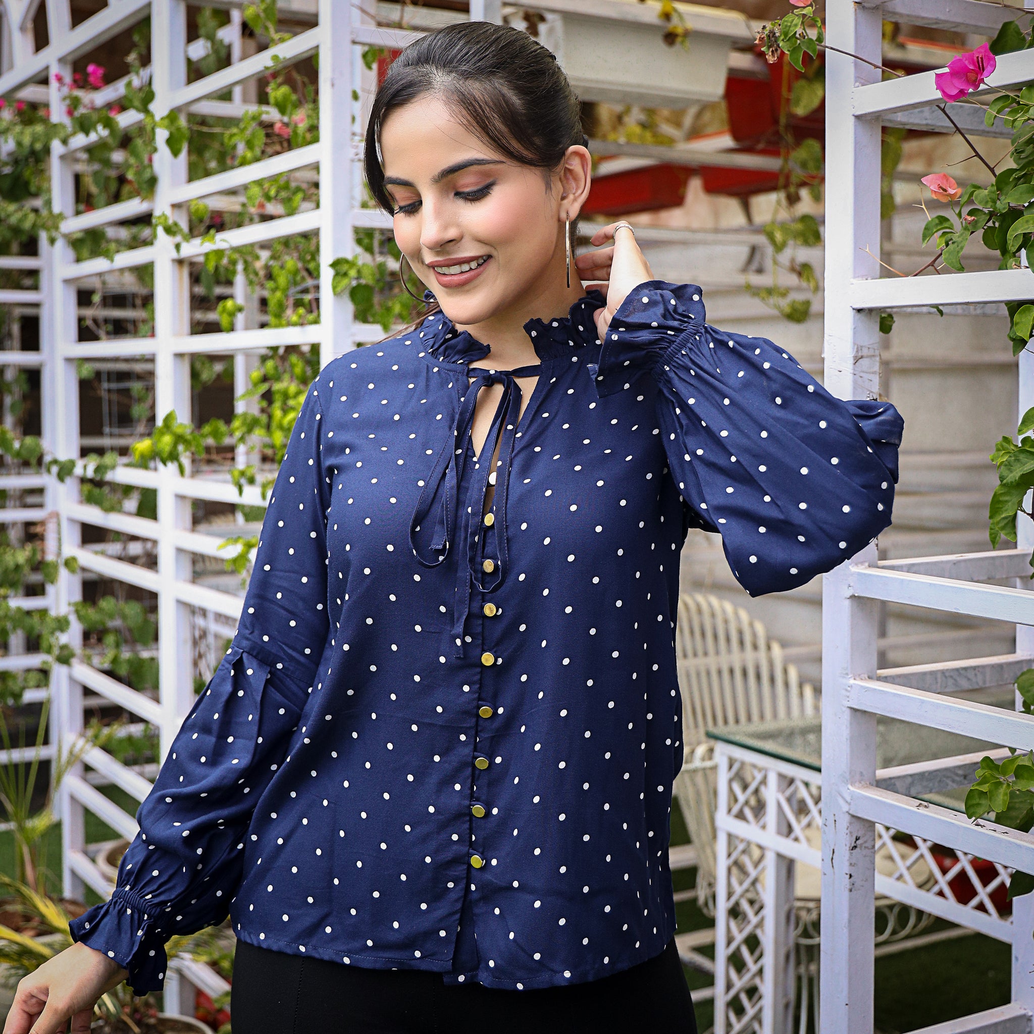 Britt Navy Blue Cotton Polka Top