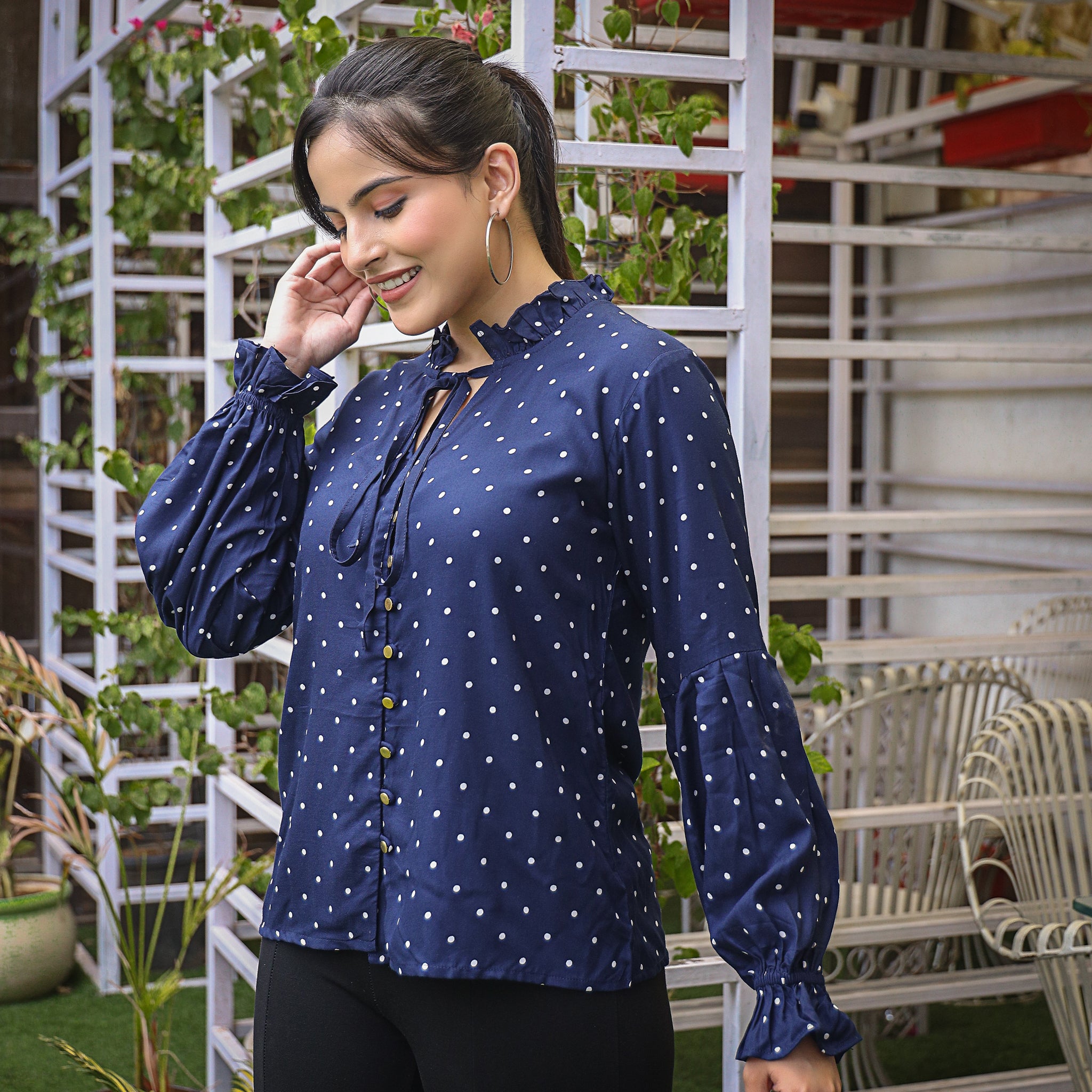 Britt Navy Blue Cotton Polka Top