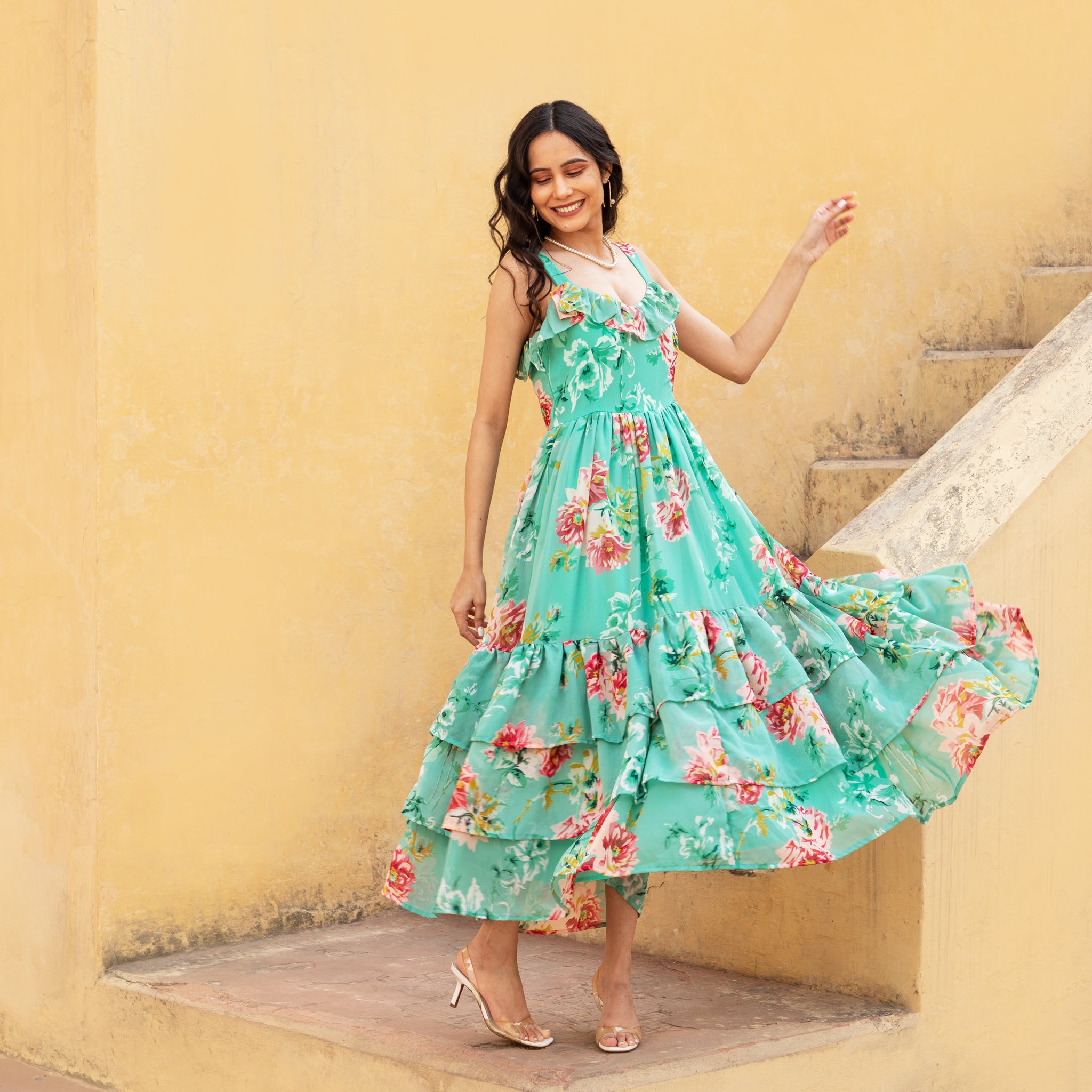 Green Cami strap floral Dress