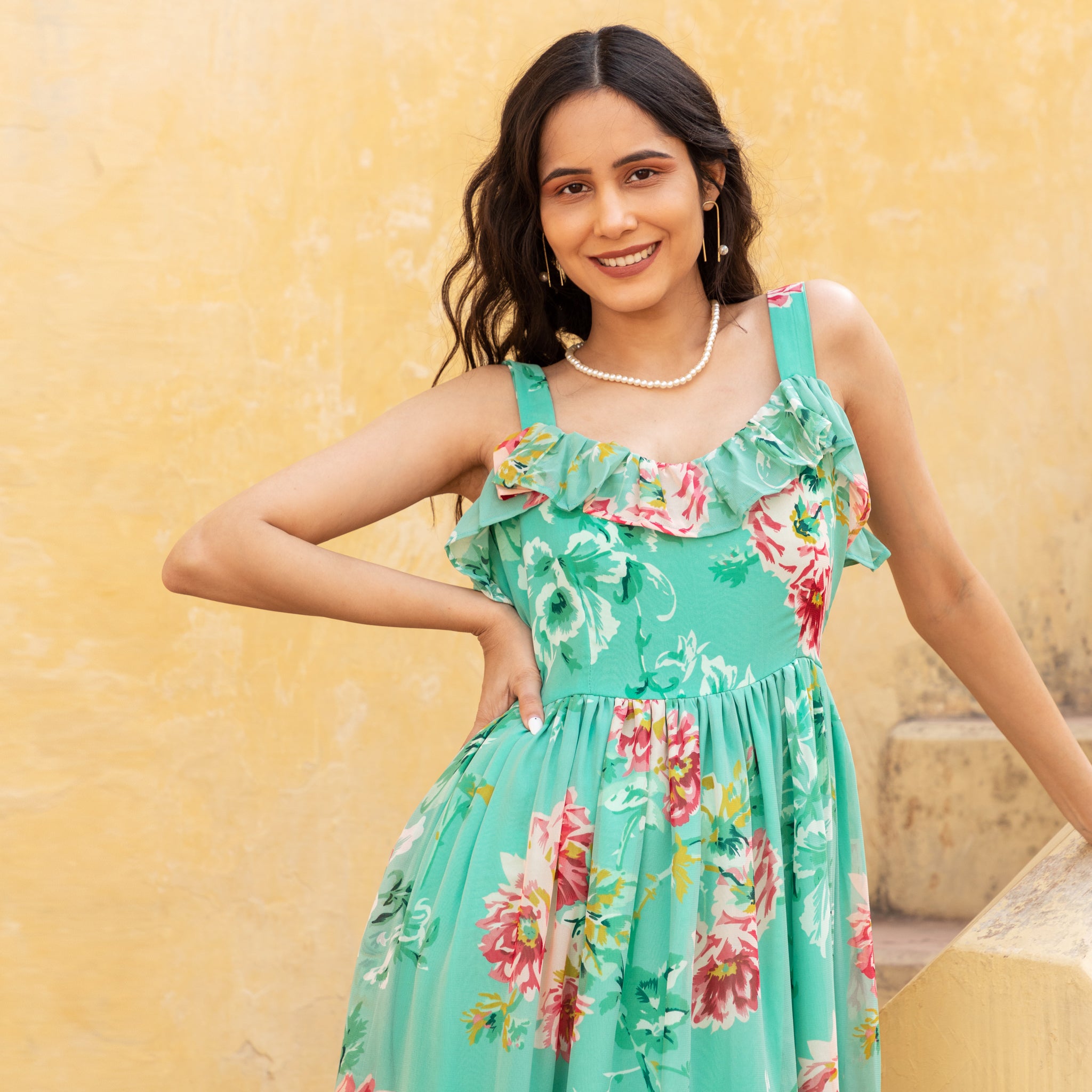 Green Cami strap floral Dress