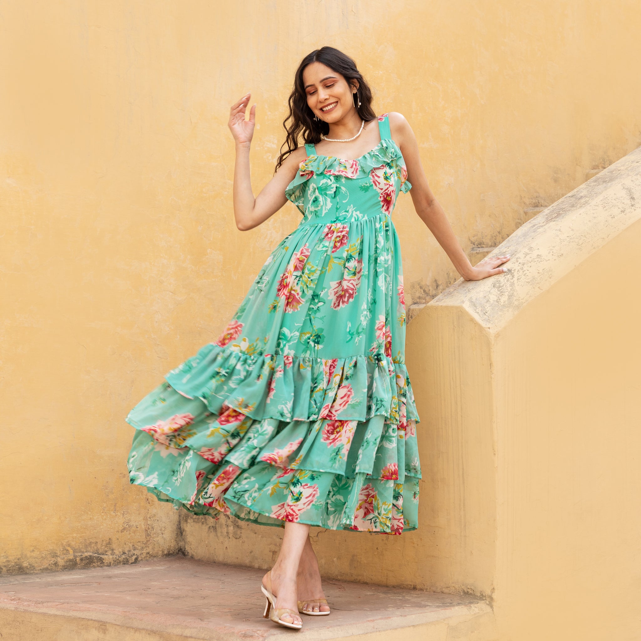 Green Cami strap floral Dress