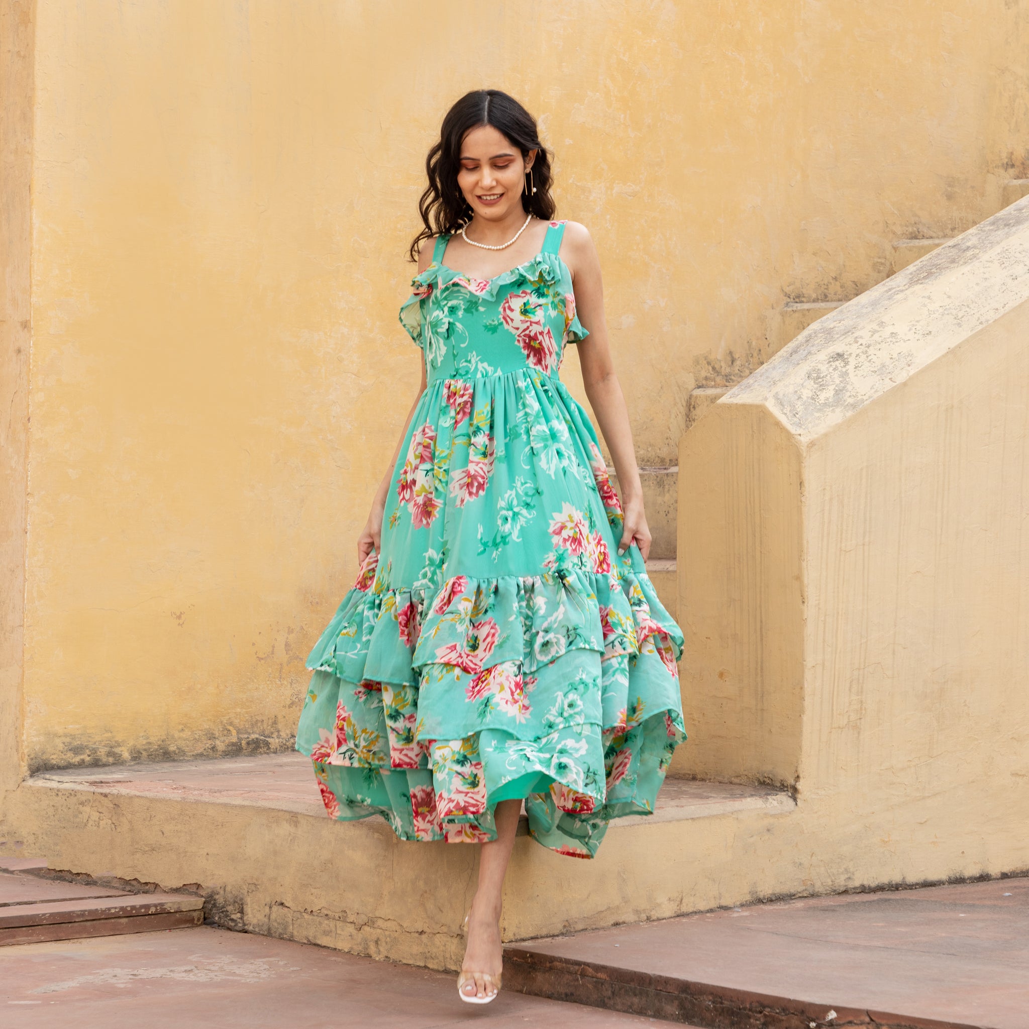 Green Cami strap floral Dress