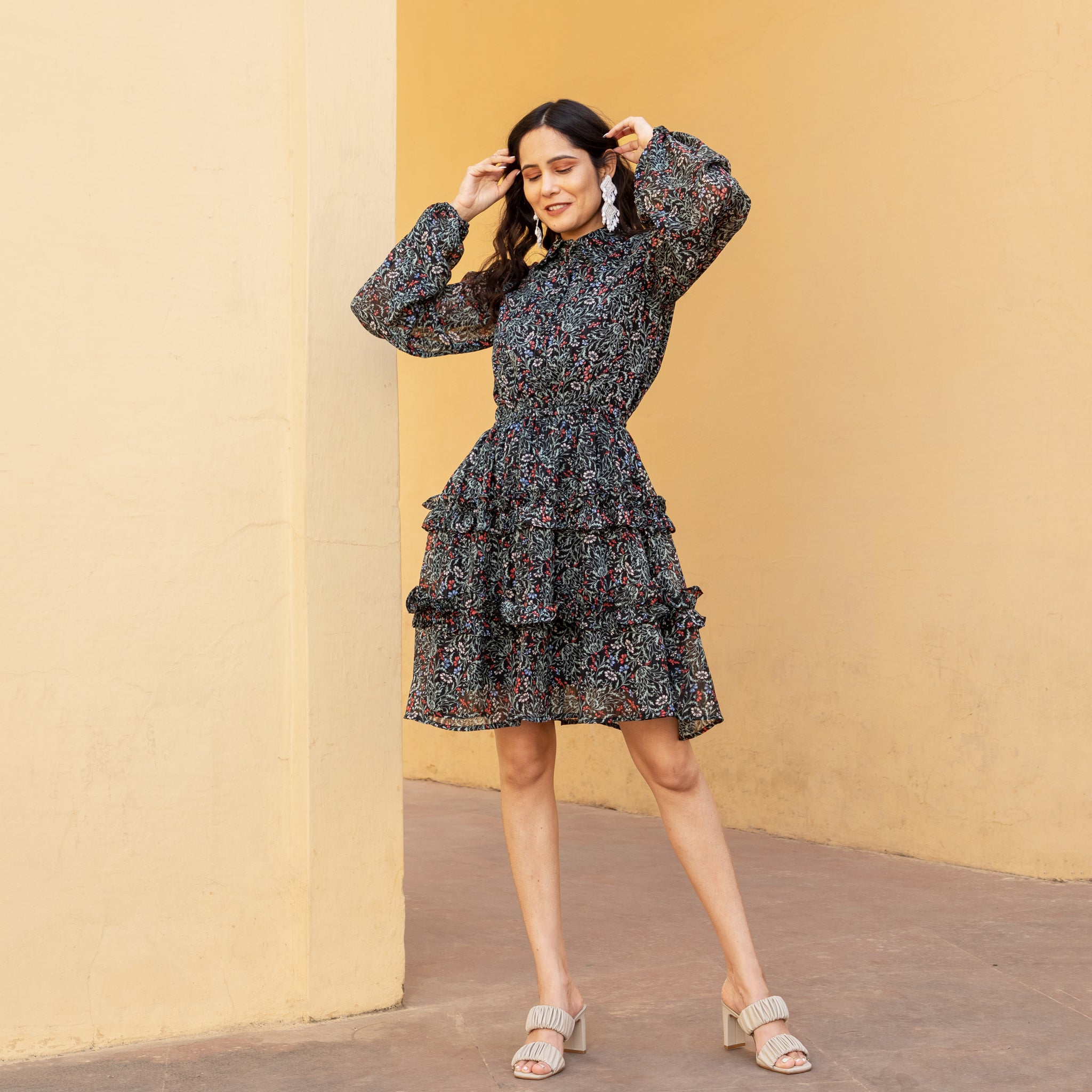 Multicolor Peasant Sleeves Dress