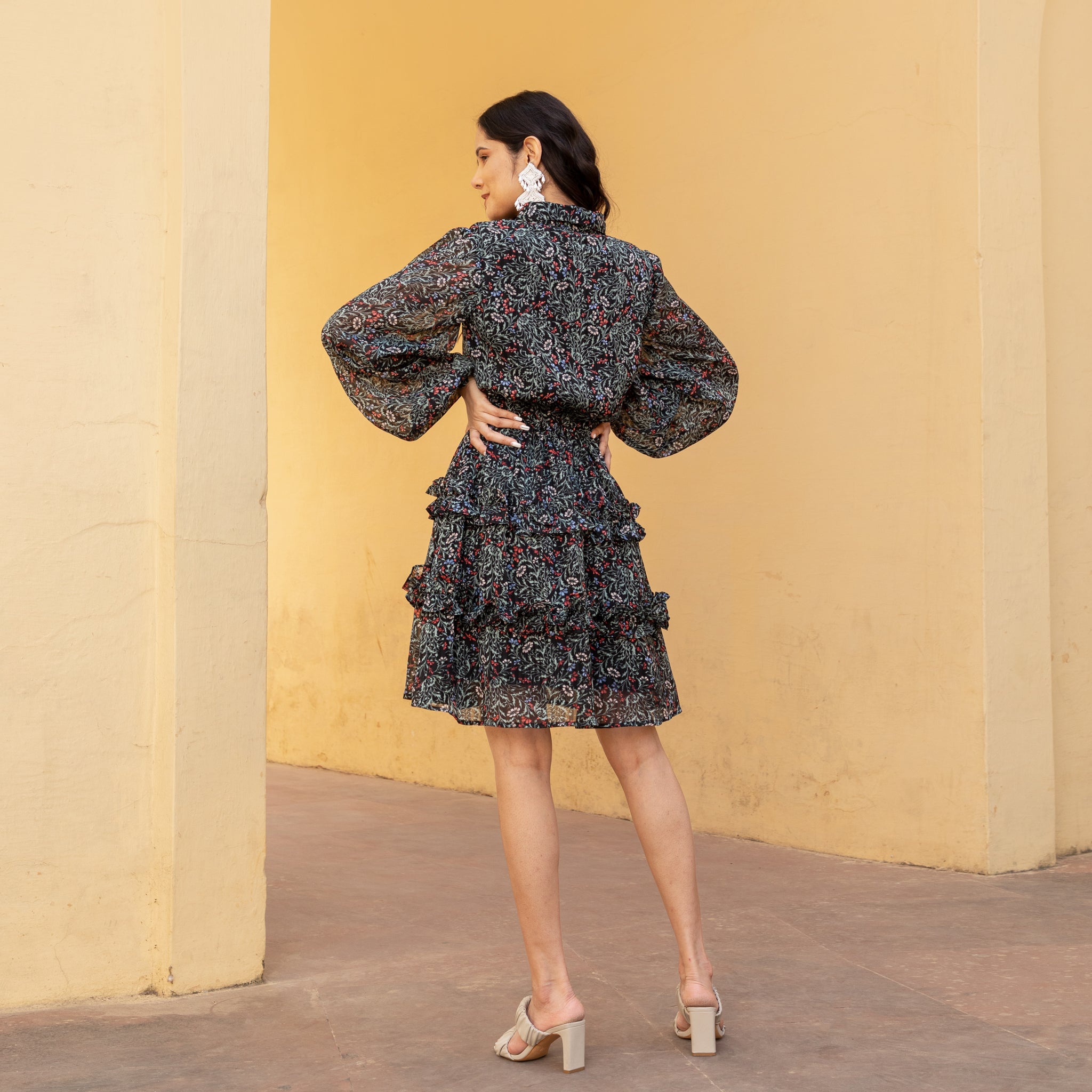 Multicolor Peasant Sleeves Dress