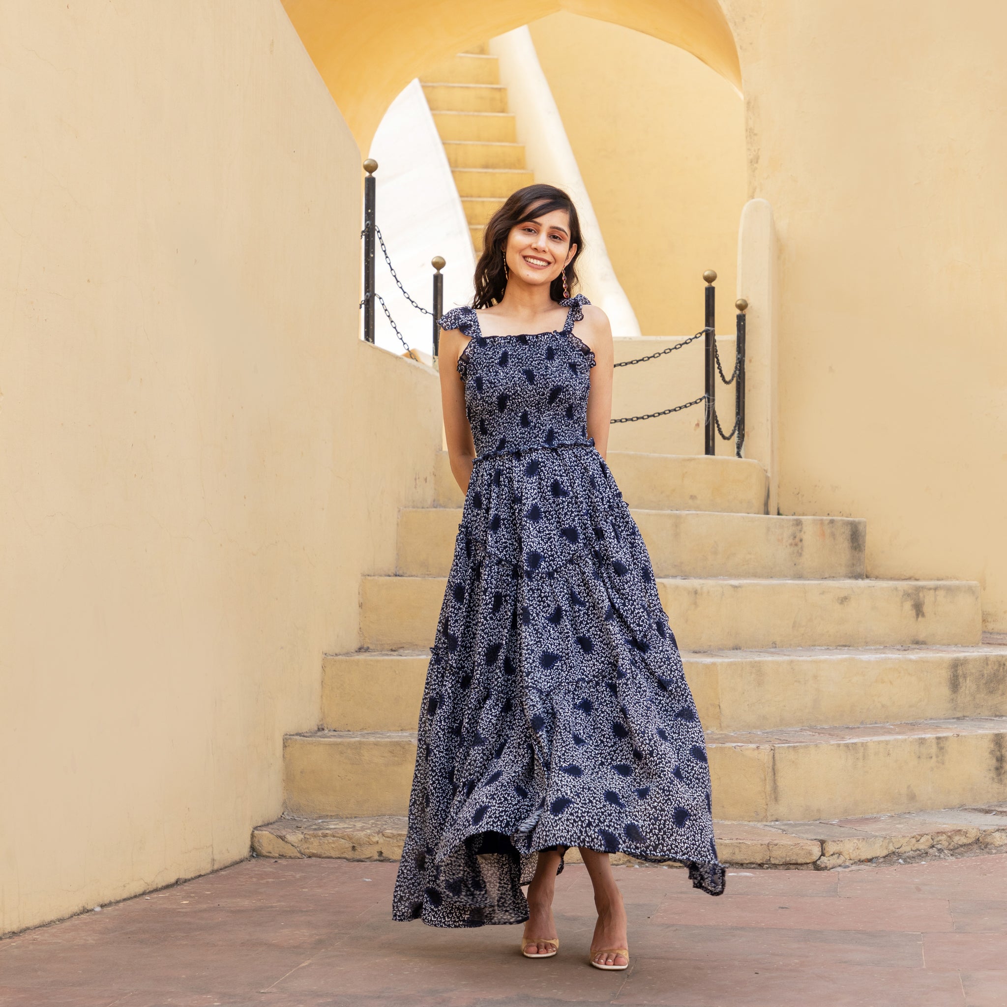 Navy Blue Smocked Strap Maxi Dress