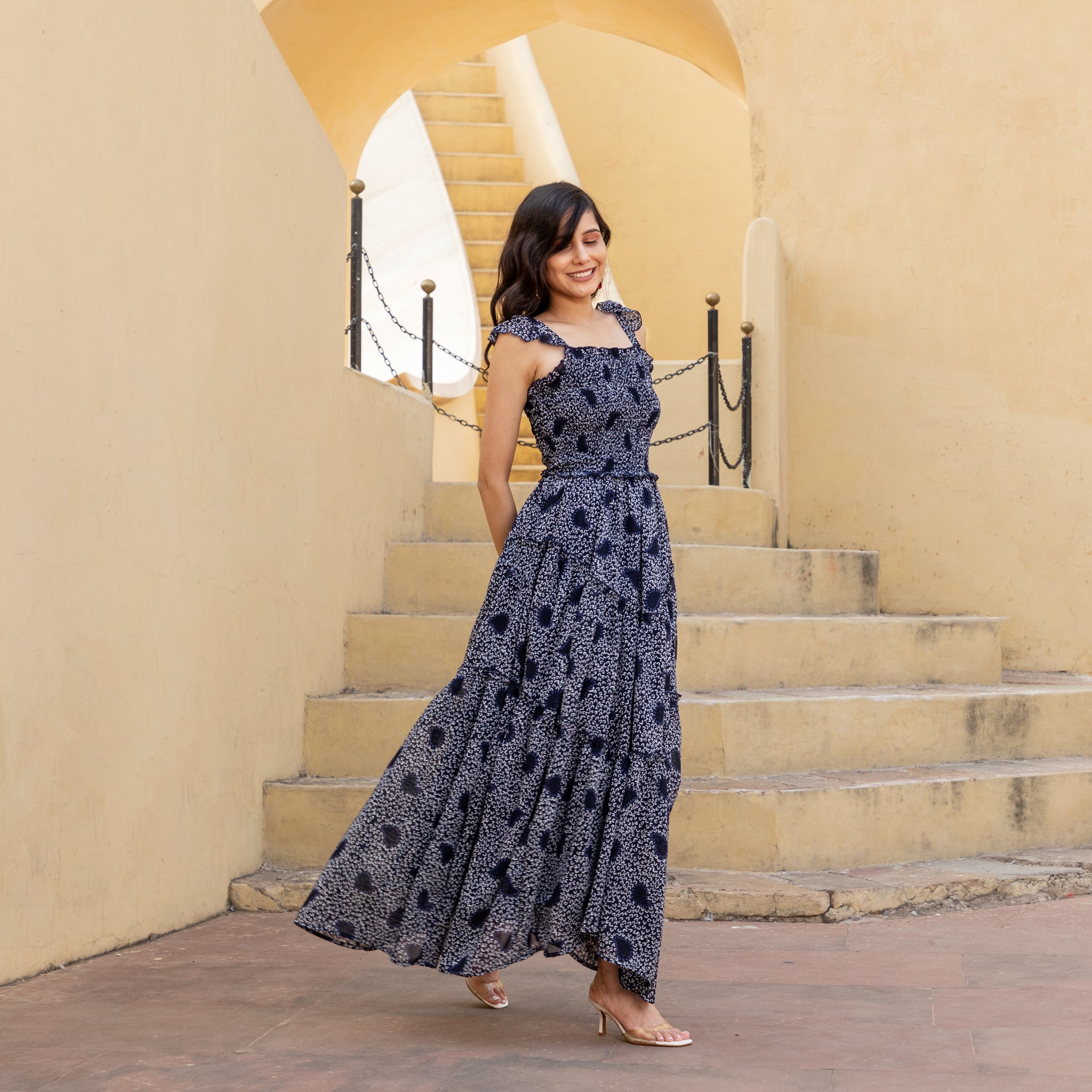 Navy Blue Smocked Strap Maxi Dress