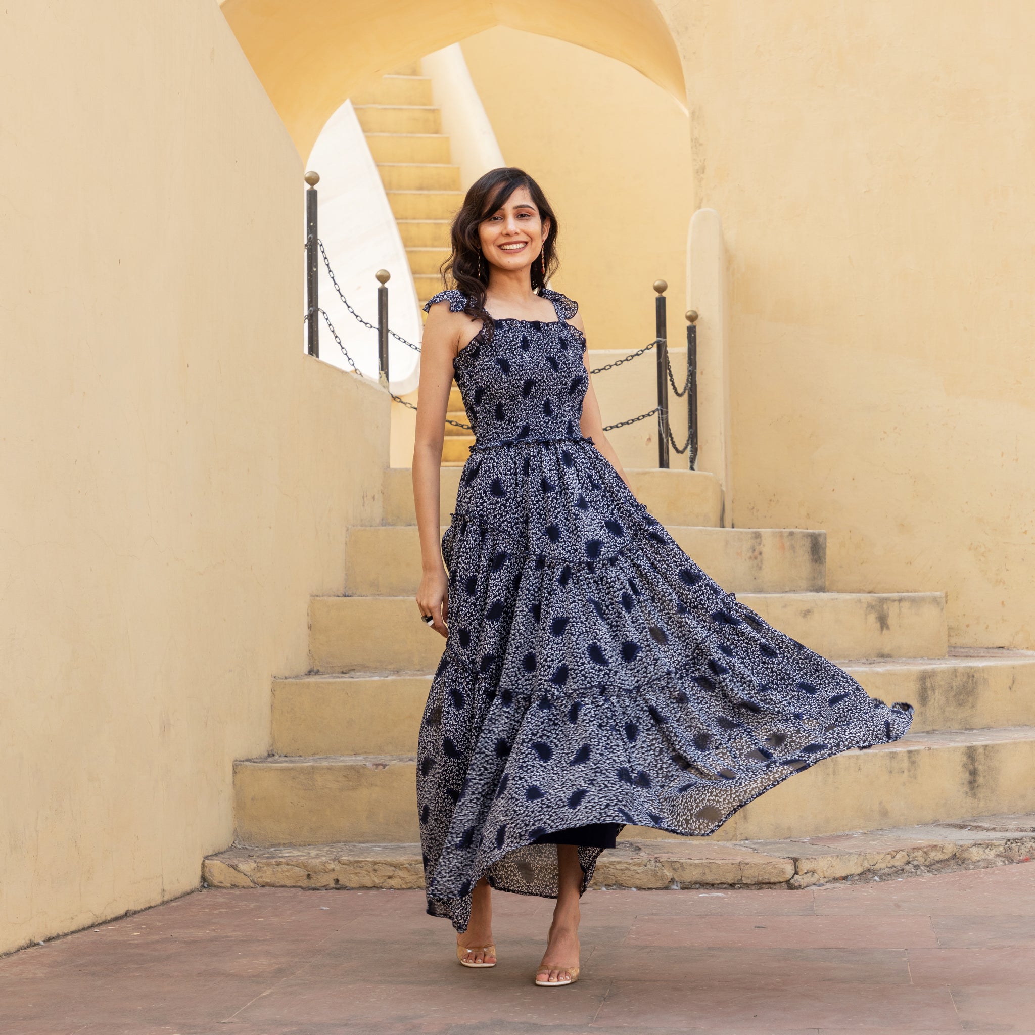 Navy Blue Smocked Strap Maxi Dress