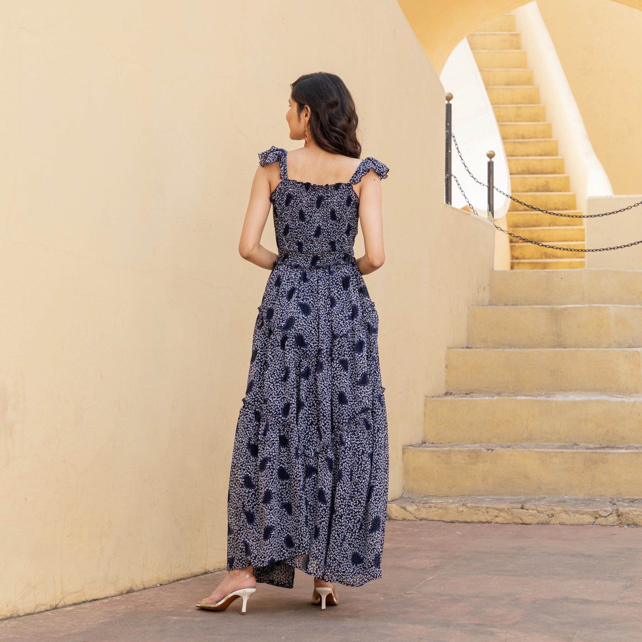 Navy Blue Smocked Strap Maxi Dress