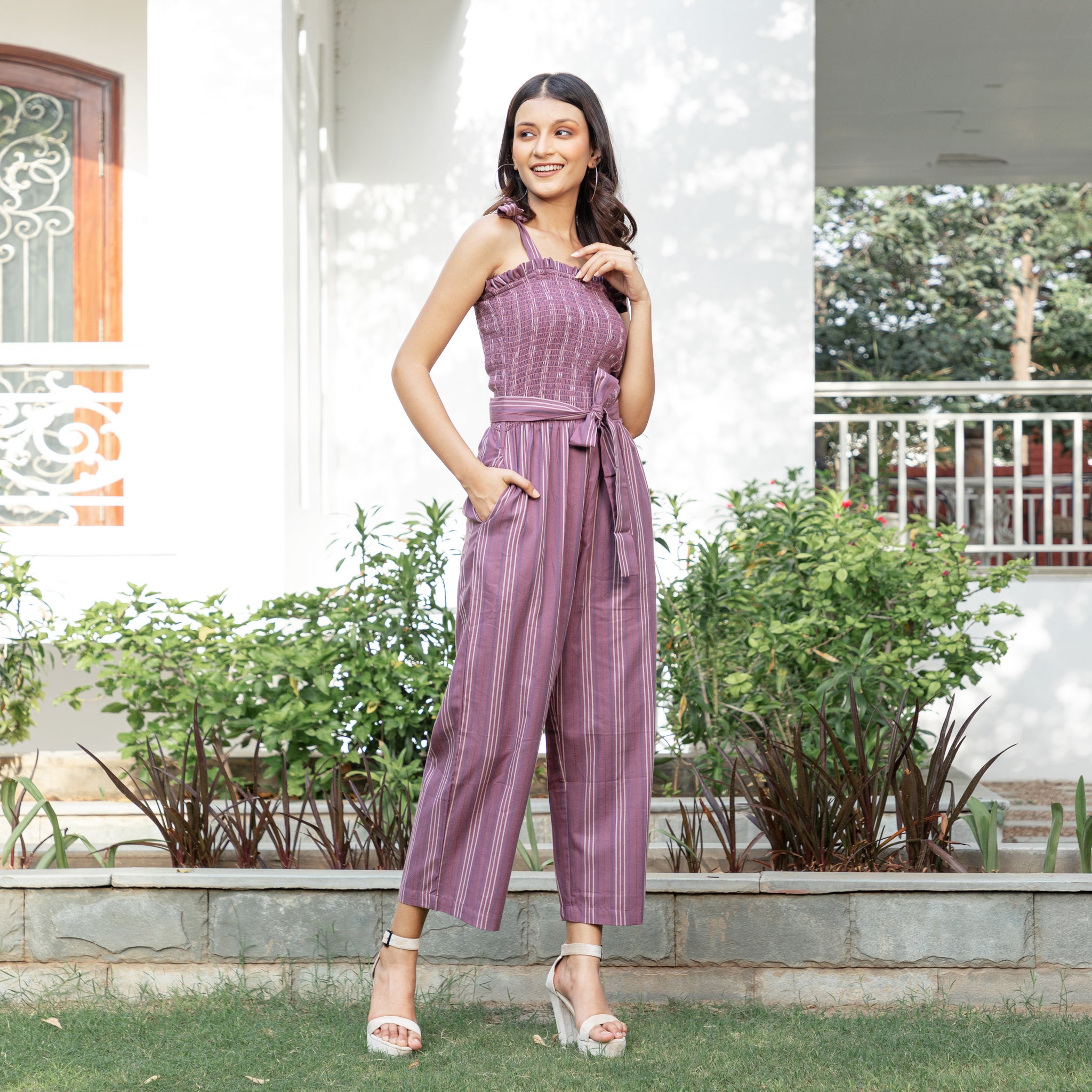 Wine Brown Shirred Summer Jumpsuit