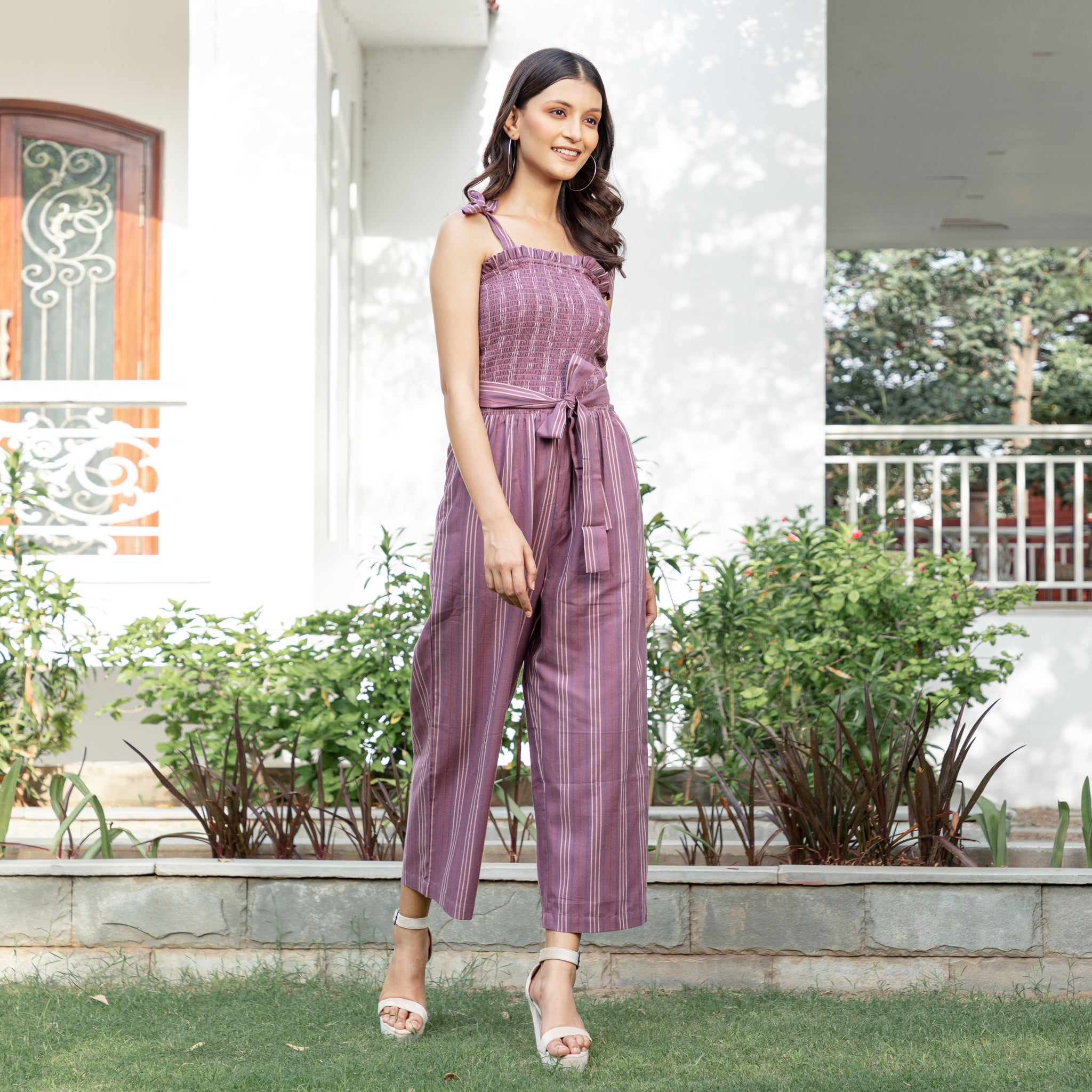 Wine Brown Shirred Summer Jumpsuit