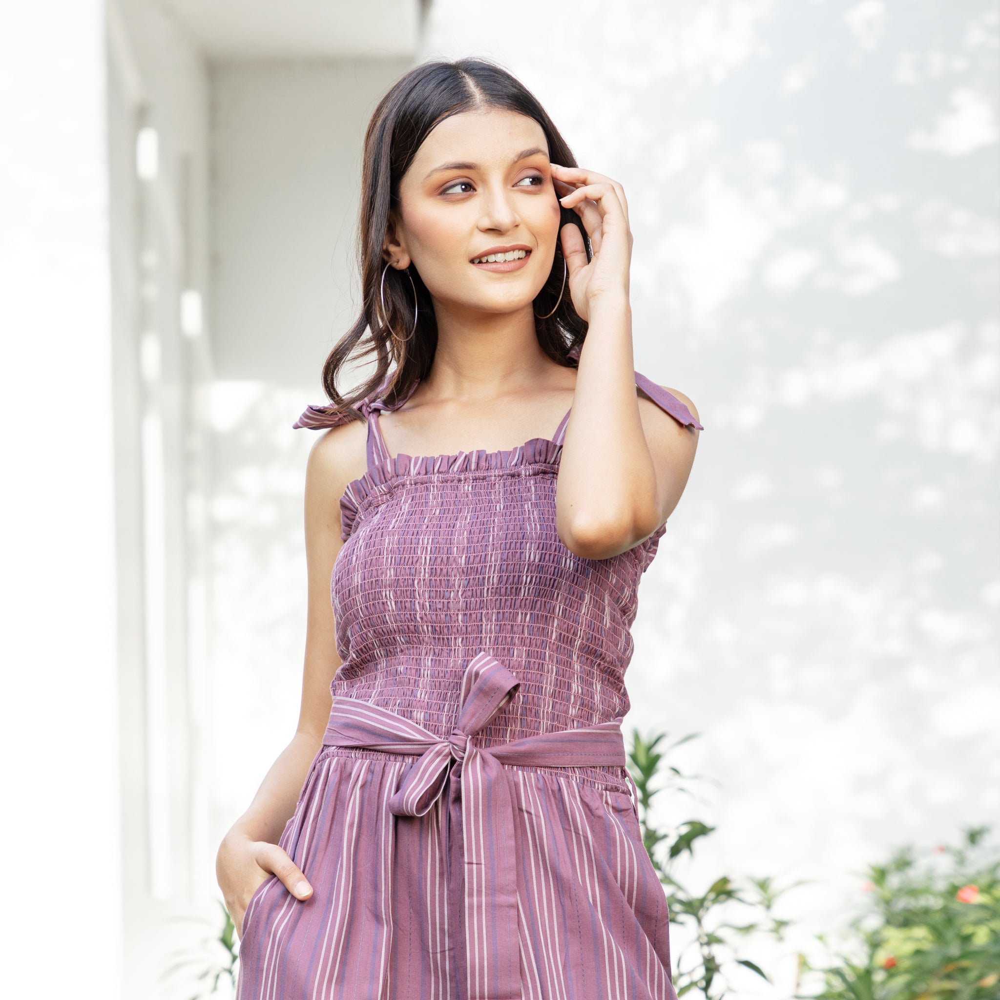Wine Brown Shirred Summer Jumpsuit
