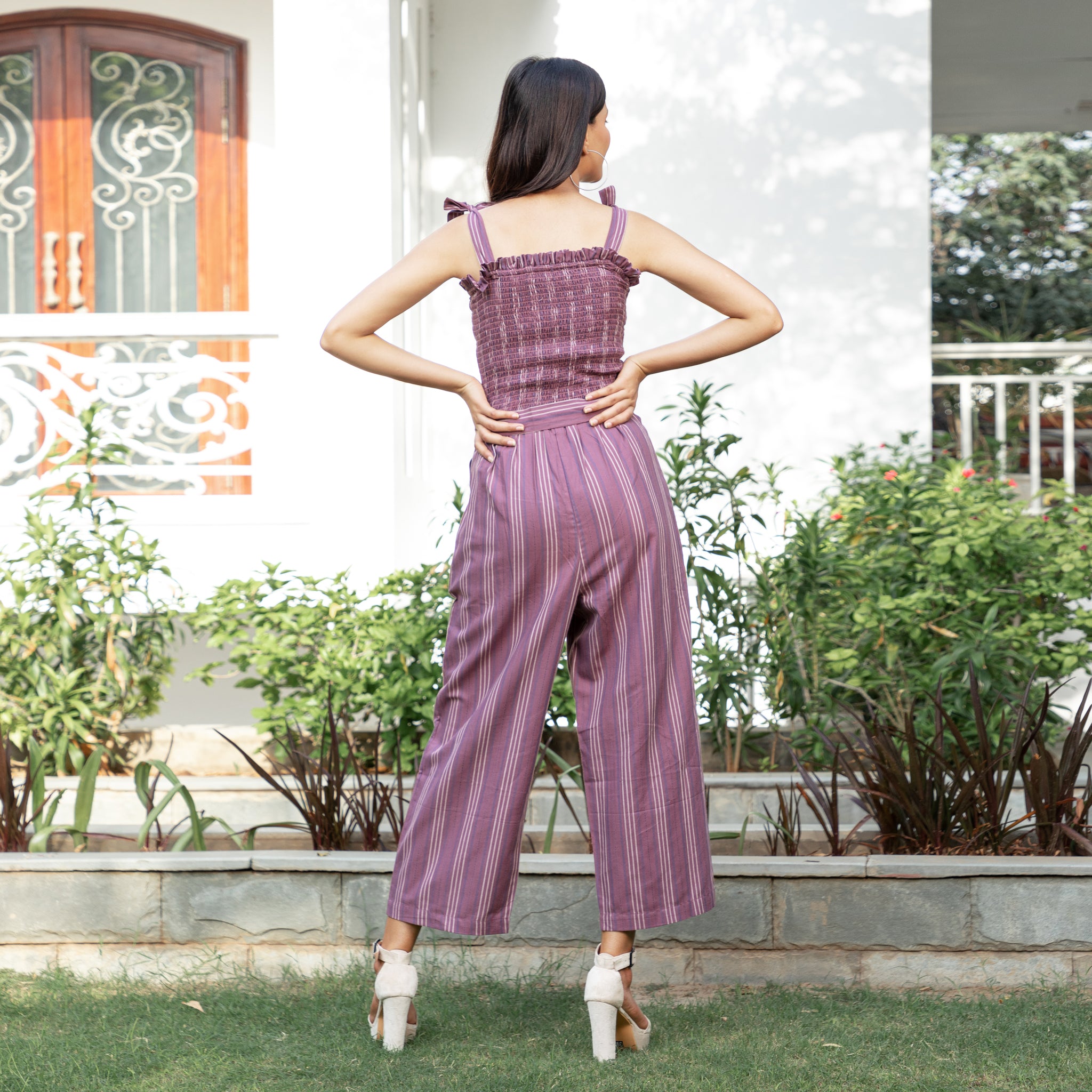 Wine Brown Shirred Summer Jumpsuit