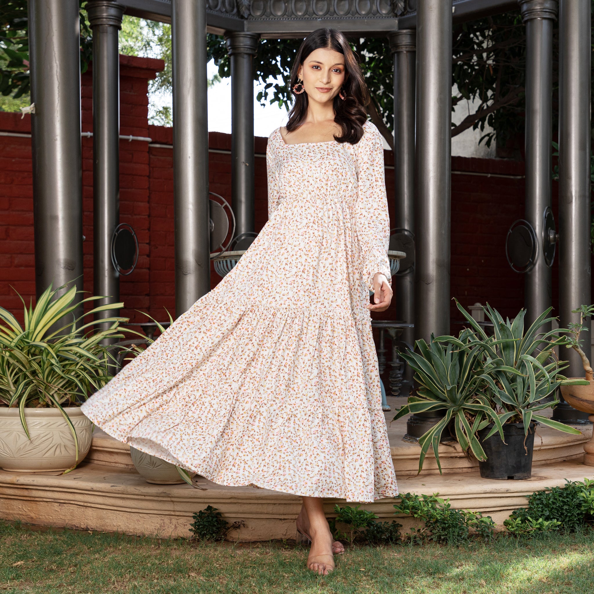 White Floral Summer Flounce Maxi Sundress