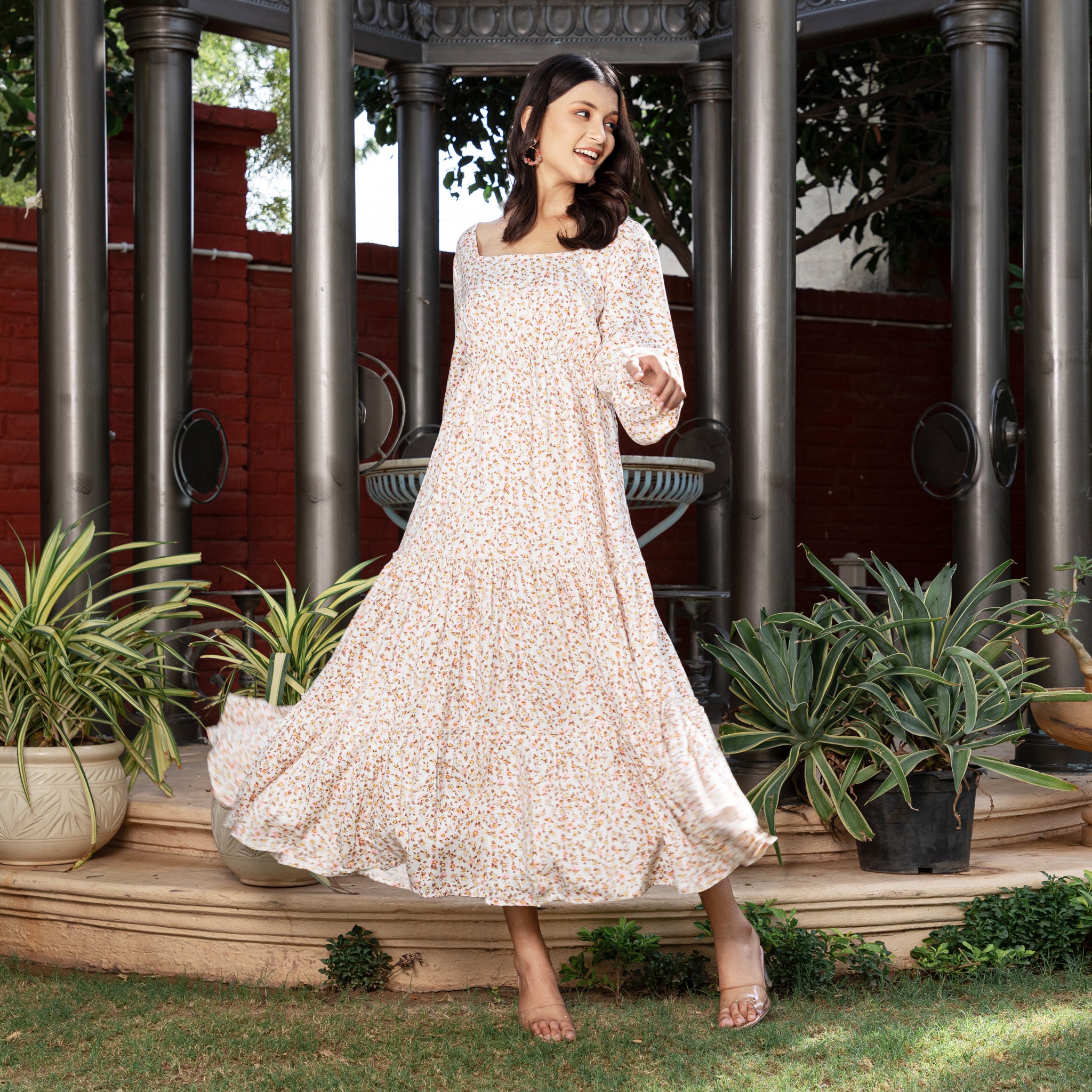 White Floral Summer Flounce Maxi Sundress